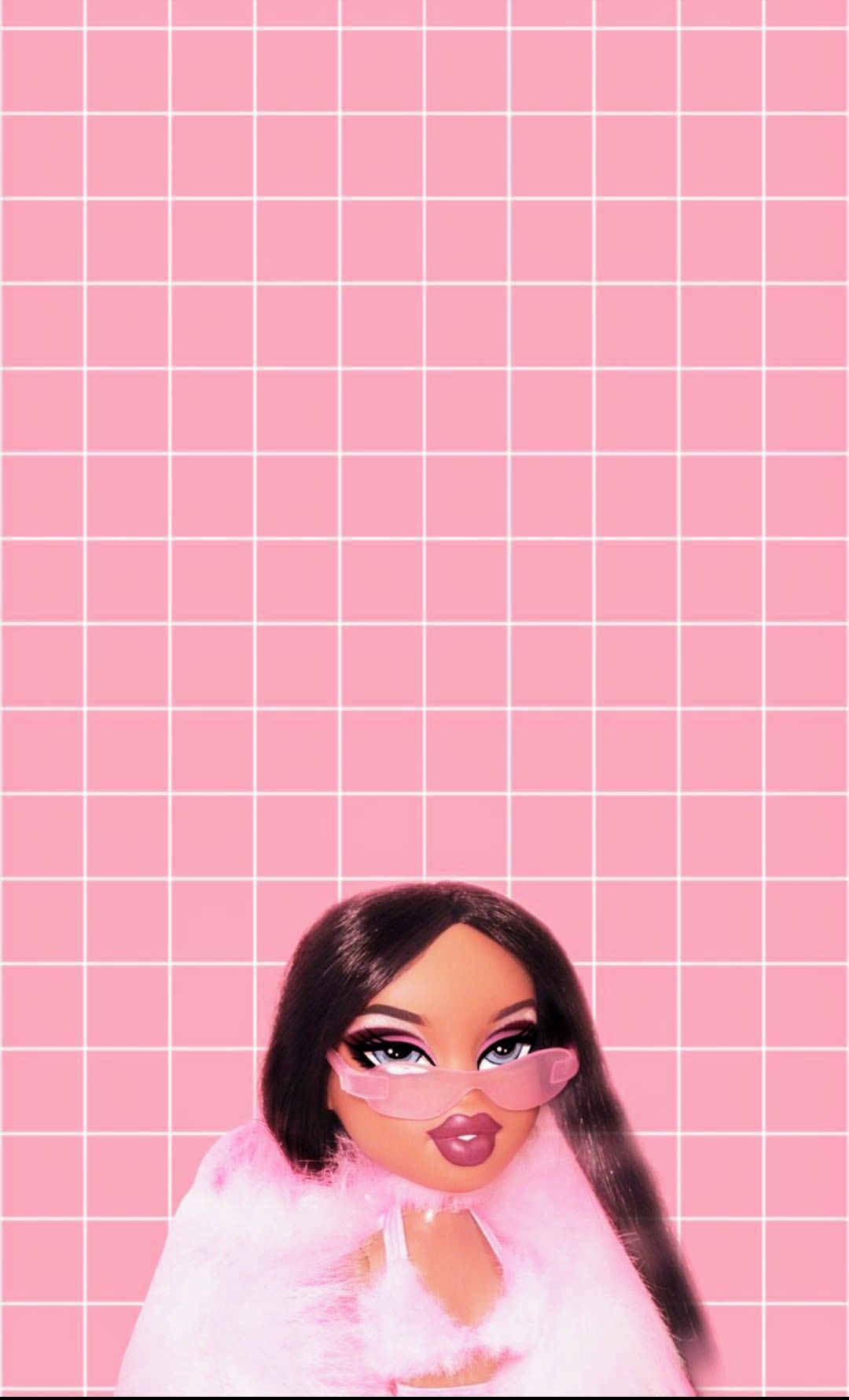 Bratz, Puppe, Rosa Raster, Pelzjacke, Pastell, Full HD, Hintergrundbild fürs Handy