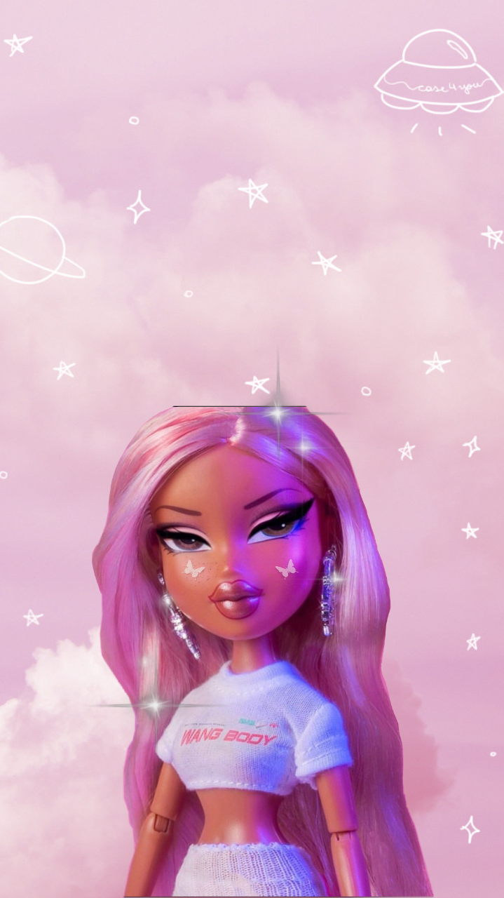Bratz, Puppe, Rosa Haare, Wolken, Pastell, Glitzer, Hochformat, Hintergrundbild fürs Smartphone
