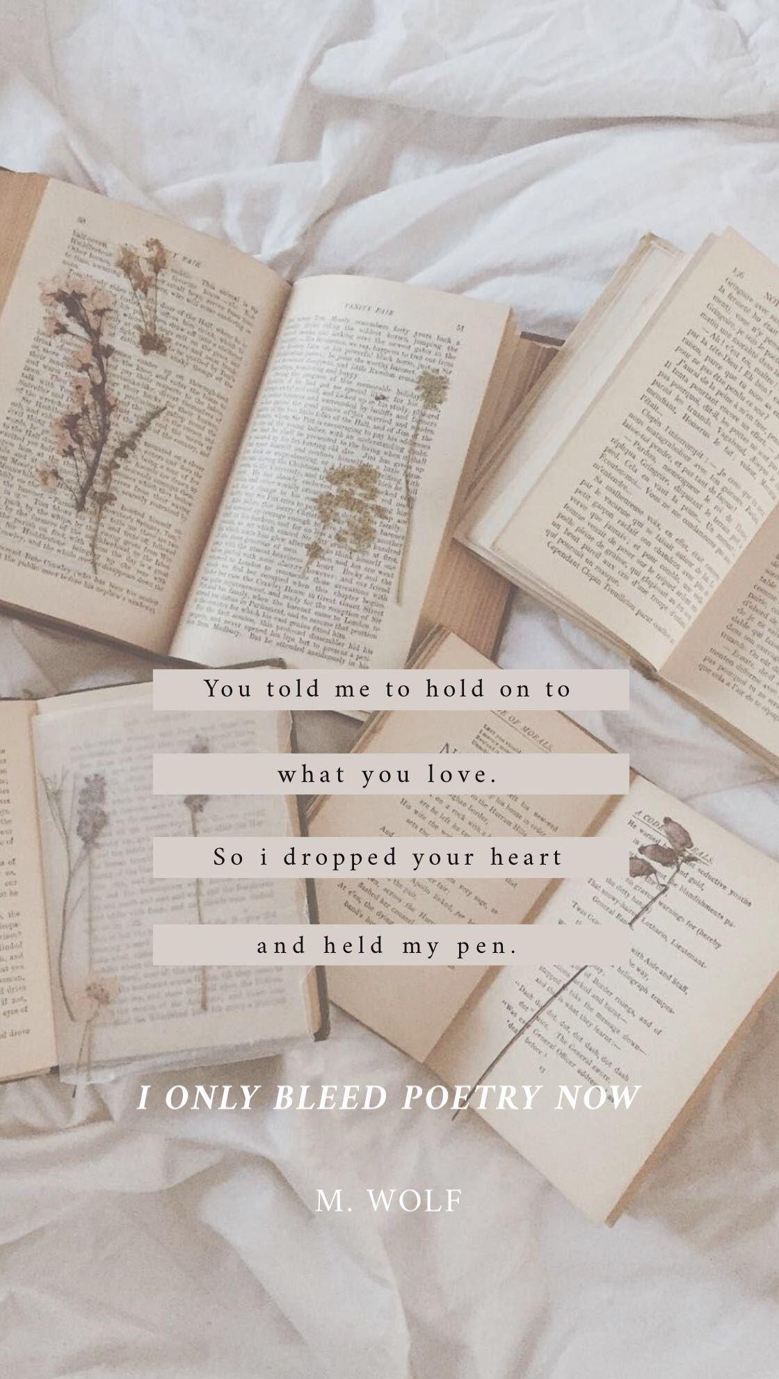 Gedicht, Offene Bücher, Getrocknete Blumen, Zitat, Beige, Full HD, Handy-Hintergrund