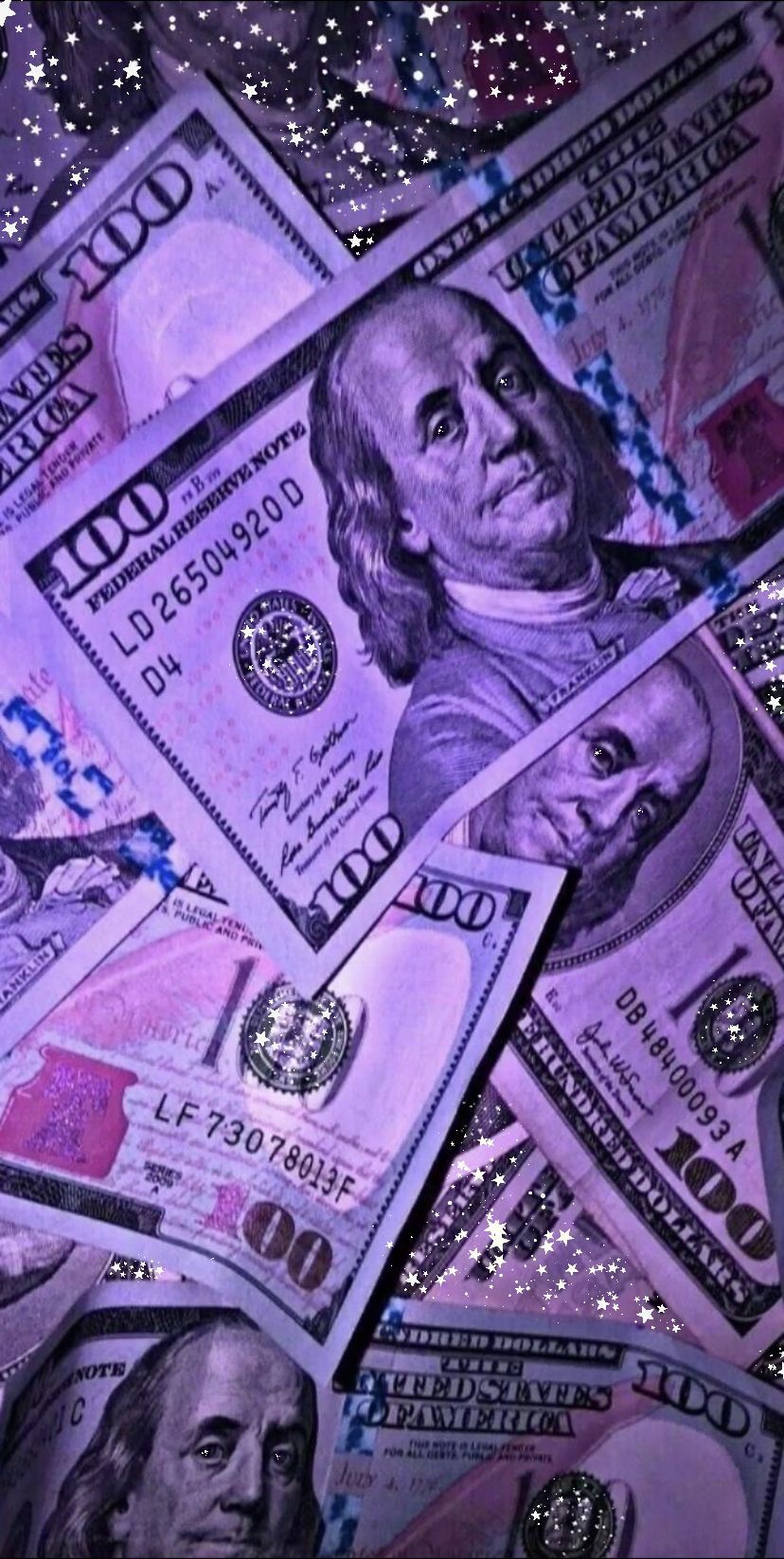 US-Dollar, 100-Dollar-Scheine, Lila Licht, Glitzer, Banknoten, Android-Hintergrundbild