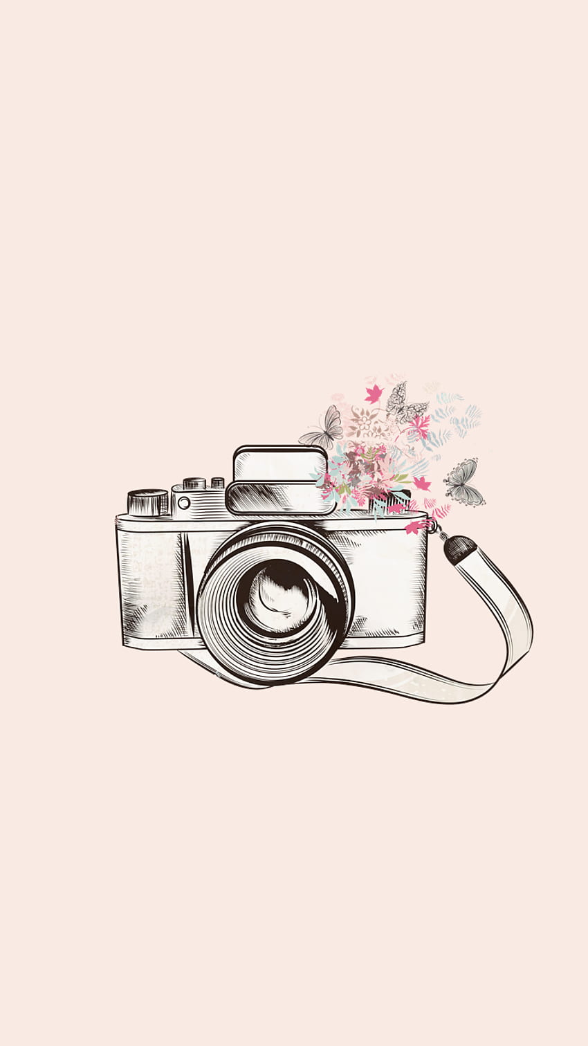 Kamera-Zeichnung, Blumen, Strichzeichnung, Pastell, Beige, Android-Hintergrundbild
