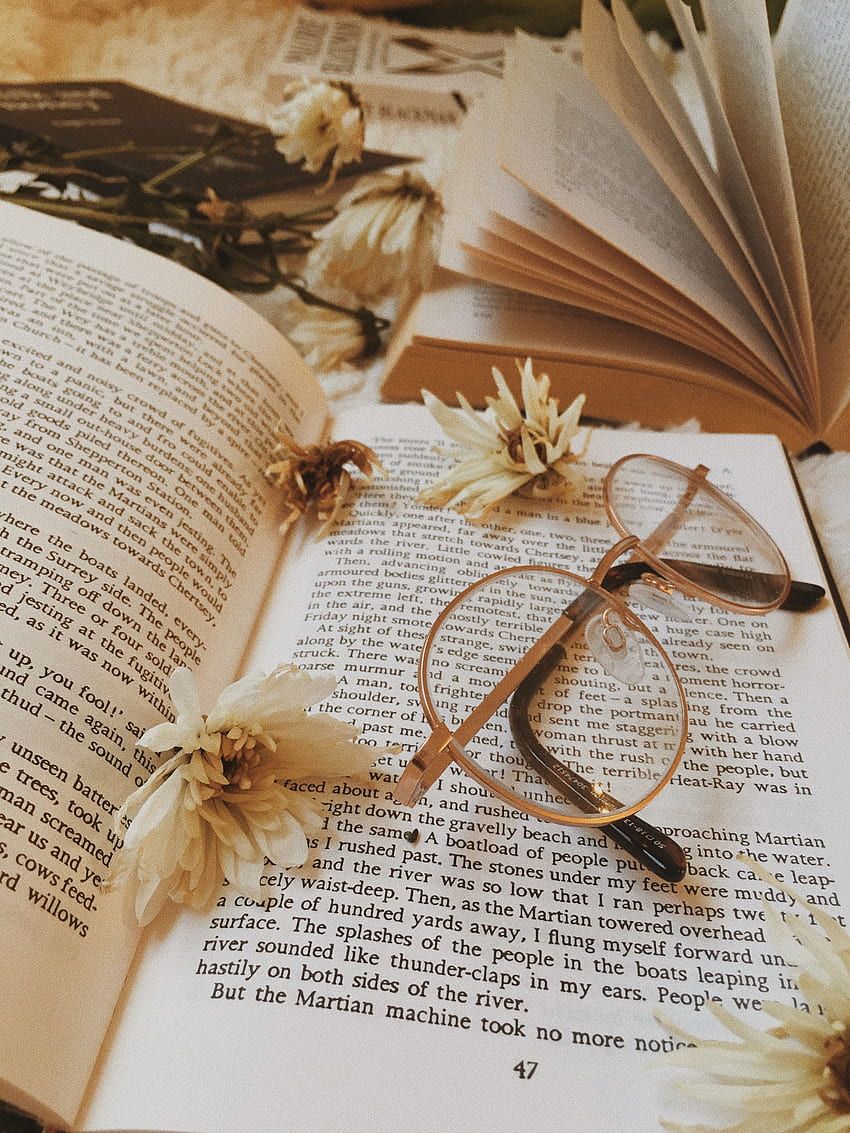 Offenes Buch, Brille, Getrocknete Blumen, Nahaufnahme, Warme Töne, HD, Tablet-Hintergrund