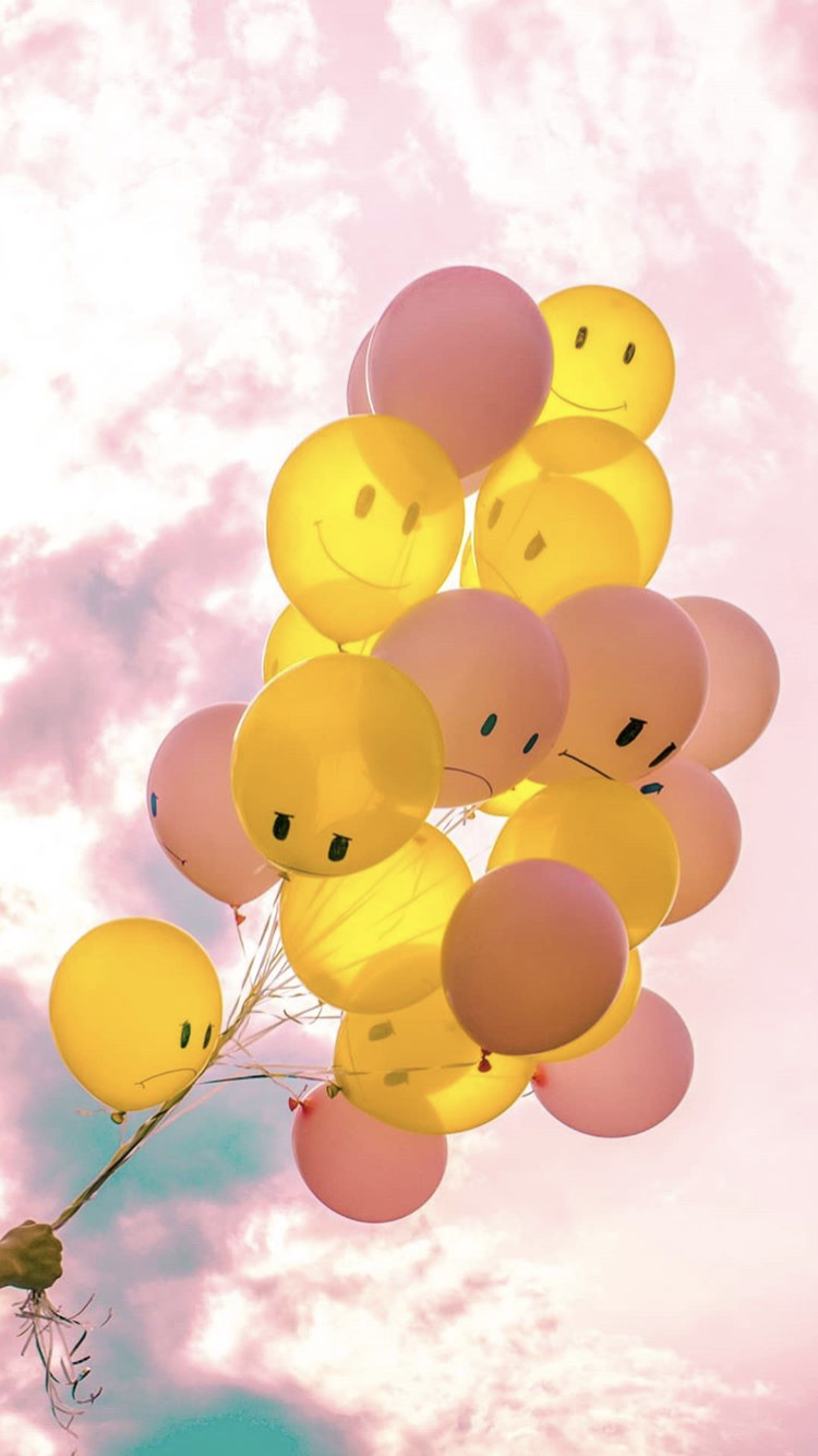 Smiley-Ballons, Gelb, Rosa, Wolken, Pastell, HD, Hintergrundbild fürs Handy