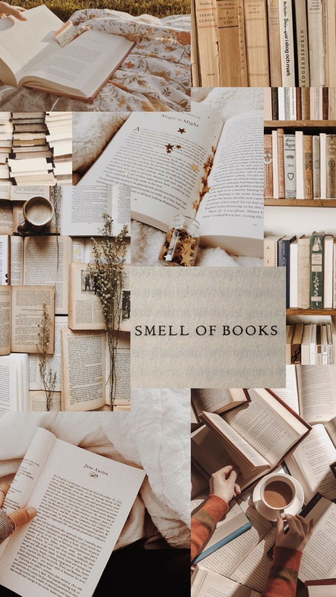 Smell of Books, Collage, Bücherregale, Lesen, Beige, Hintergrundbild für iPhone und Android