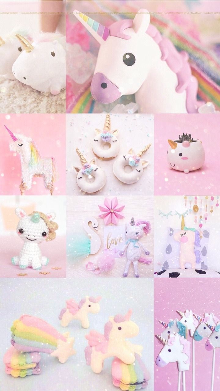 Collage, Einhorn-Deko, Plüschtiere, Pastell, Kawaii, Hintergrundbild für iPhone und Android