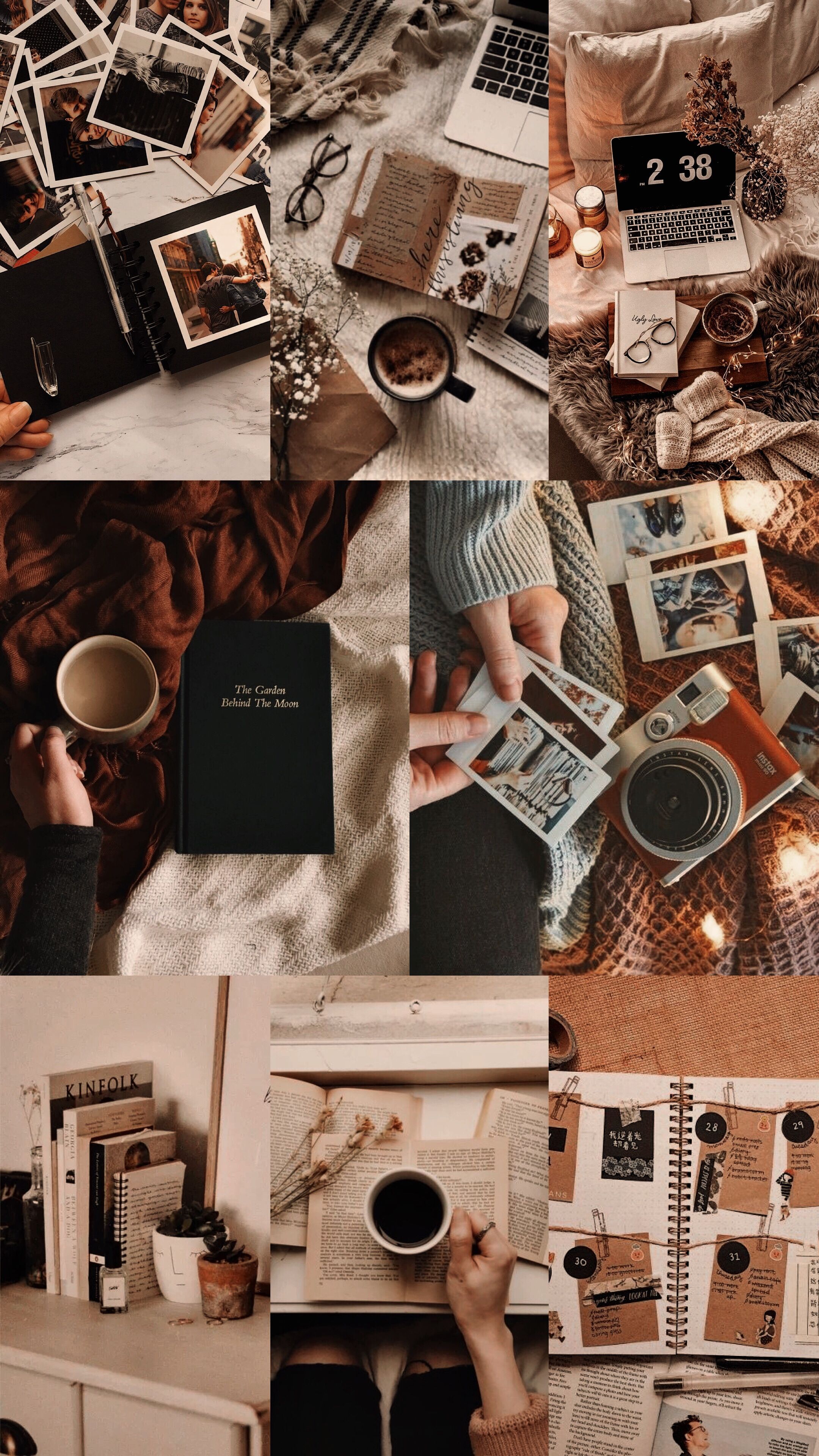 Collage, Bücher, Kaffee, Polaroid-Fotos, Braune Töne, Ästhetik, QHD+, Handy-Hintergrundbild