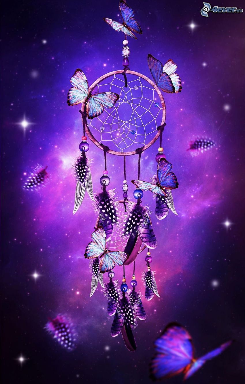 Traumfänger, Galaxie, Lila, Schmetterlinge, Fantasy, Hochformat, Hintergrundbild fürs Smartphone