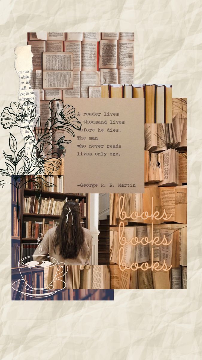 Collage, Bibliothek, Bücherregale, Skizzen, Vintage, Hintergrundbild für iPhone und Android
