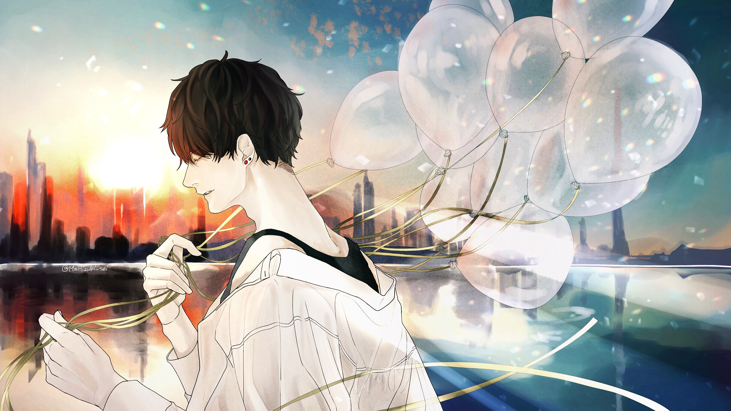 Anime-Junge, Transparente Ballons, Skyline, Sonnenuntergang, Illustration, Full HD, PC-Hintergrundbild