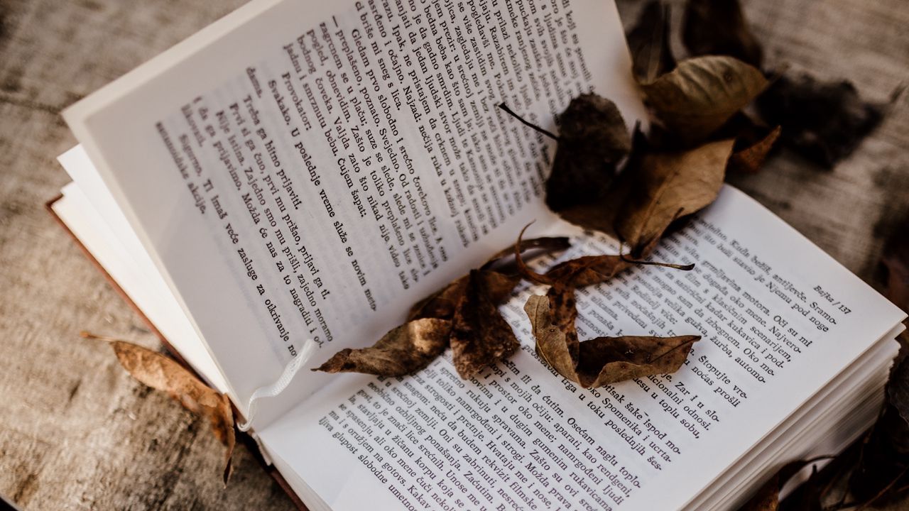 Offenes Buch, Herbstlaub, Holztisch, Nahaufnahme, Herbst, HD, Breitbild-Hintergrundbild