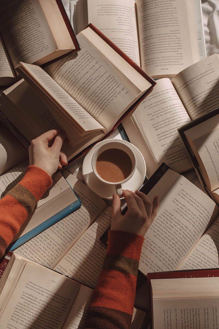 Offene Bücher, Kaffeetasse, Hände, Draufsicht, Lesen, HD, Hintergrundbild fürs Handy