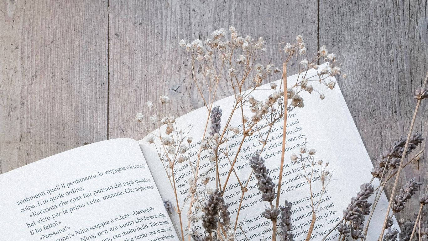 Offenes Buch, Getrocknete Blumen, Lavendel, Holztisch, Graue Töne, HD, Desktop-Hintergrund
