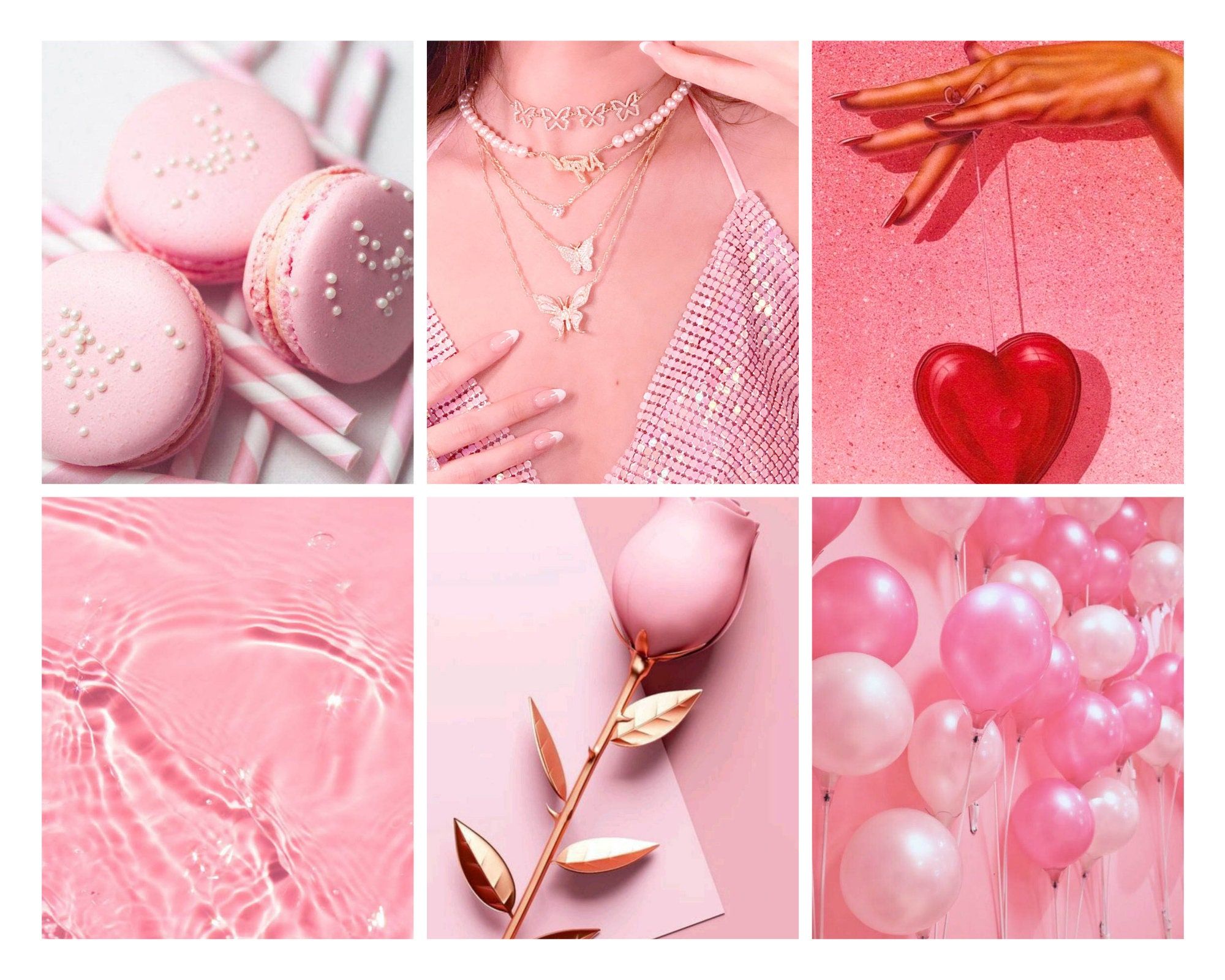 Rosa Ästhetik, Collage, Macarons, Herz, Rose, Rosa, Full HD, Desktop-Hintergrund für Windows