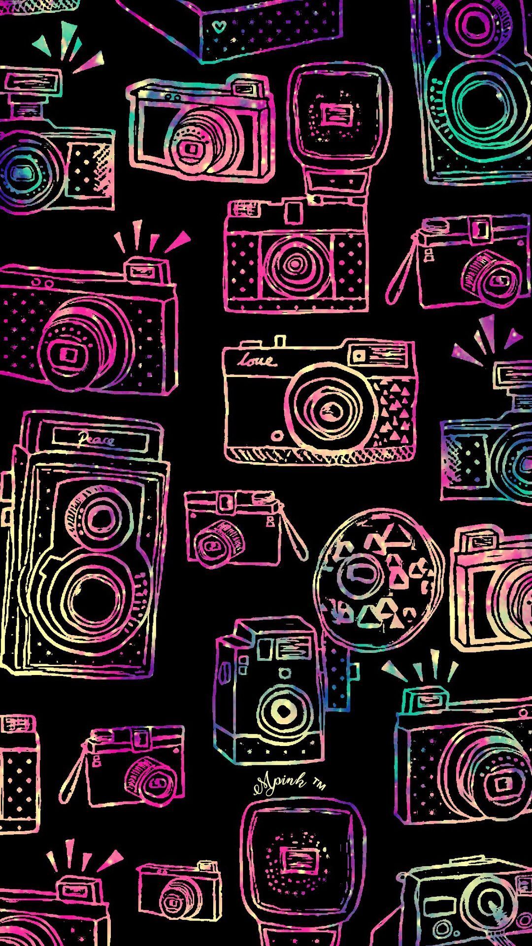Kamera-Muster, Neonfarben, Schwarzer Hintergrund, Illustration, Doodle, Sperrbildschirm fürs iPhone