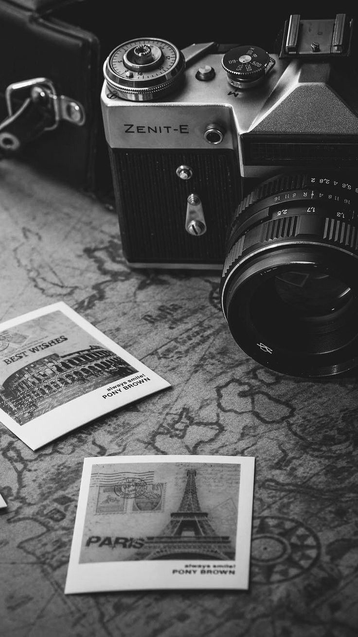 Analoge Kamera, Postkarten, Landkarte, Schwarz-Weiß, Vintage, HD, Handy-Hintergrund