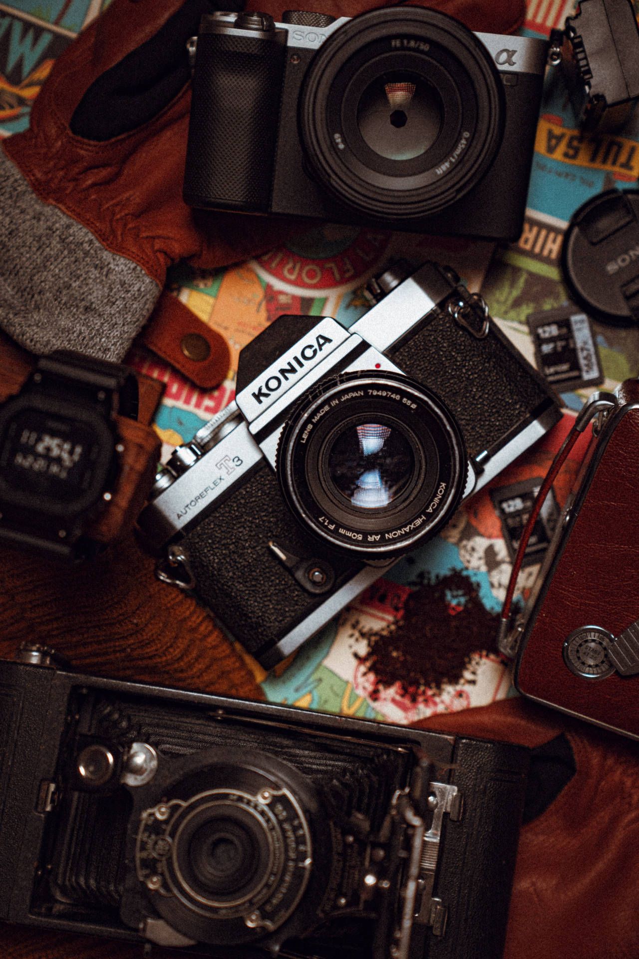 Vintage-Kameras, Fotos, Flatlay, Retro, Sammlung, Hochformat, Hintergrundbild fürs Smartphone