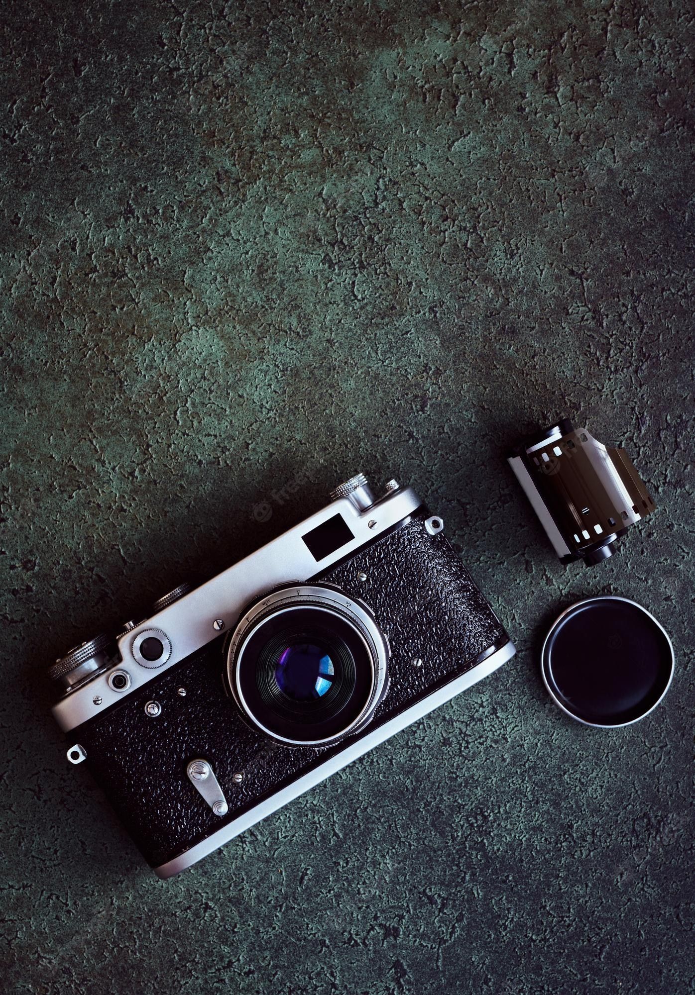 Messsucherkamera, Filmrolle, Dunkelgrün, Flatlay, Retro, Full HD, Tablet-Hintergrund