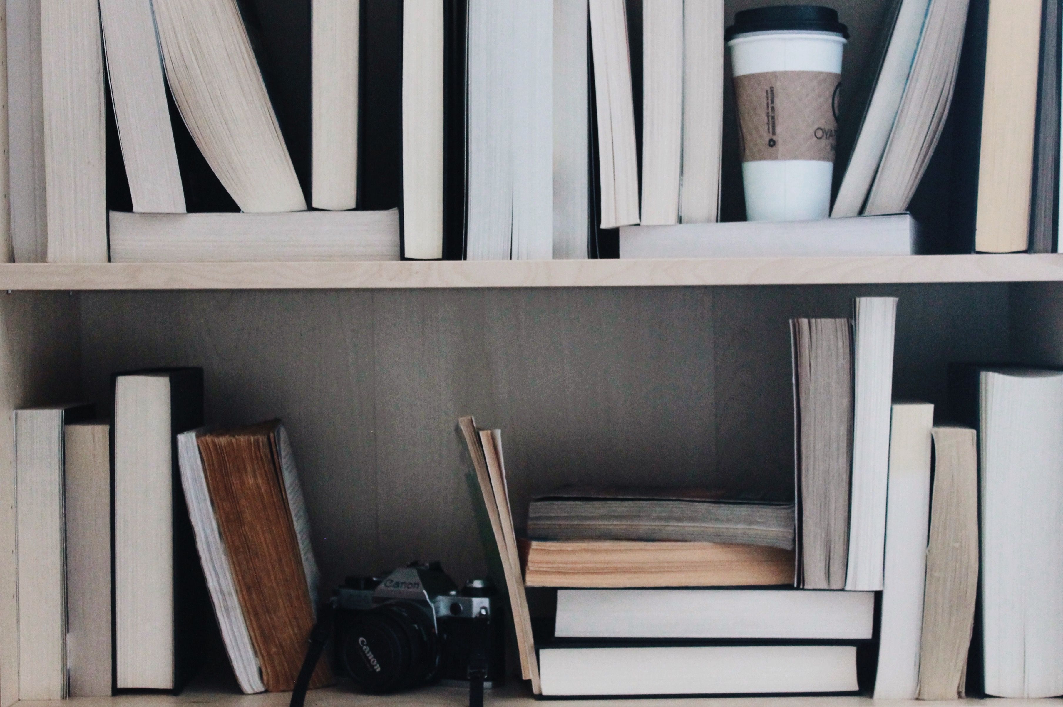 Bücherregal, Bücher, Kaffeebecher, Kamera, Graue Töne, 2K, Hintergrund für den Desktop
