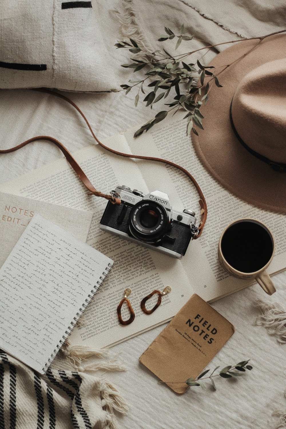 Retro-Kamera, Hut, Kaffee, Notizbuch, Flatlay, Beige, HD, Handy-Hintergrund im Hochformat