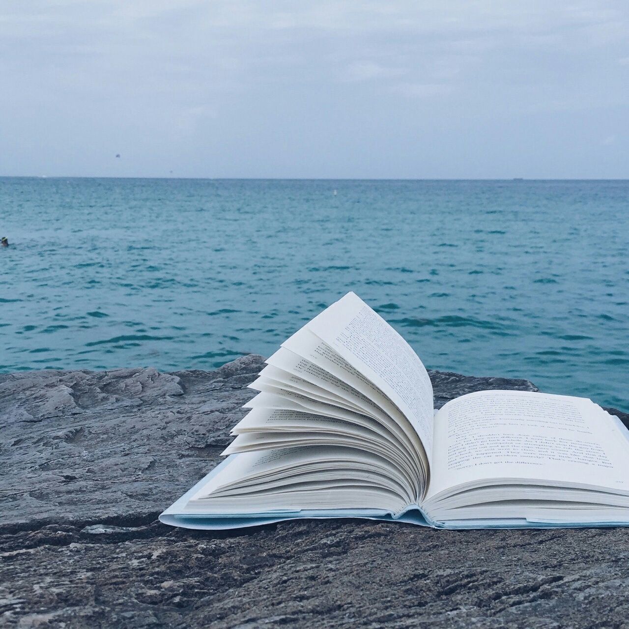 Offenes Buch, Meer, Felsen, Horizont, Blaue Töne, HD, Hintergrundbild fürs Tablet