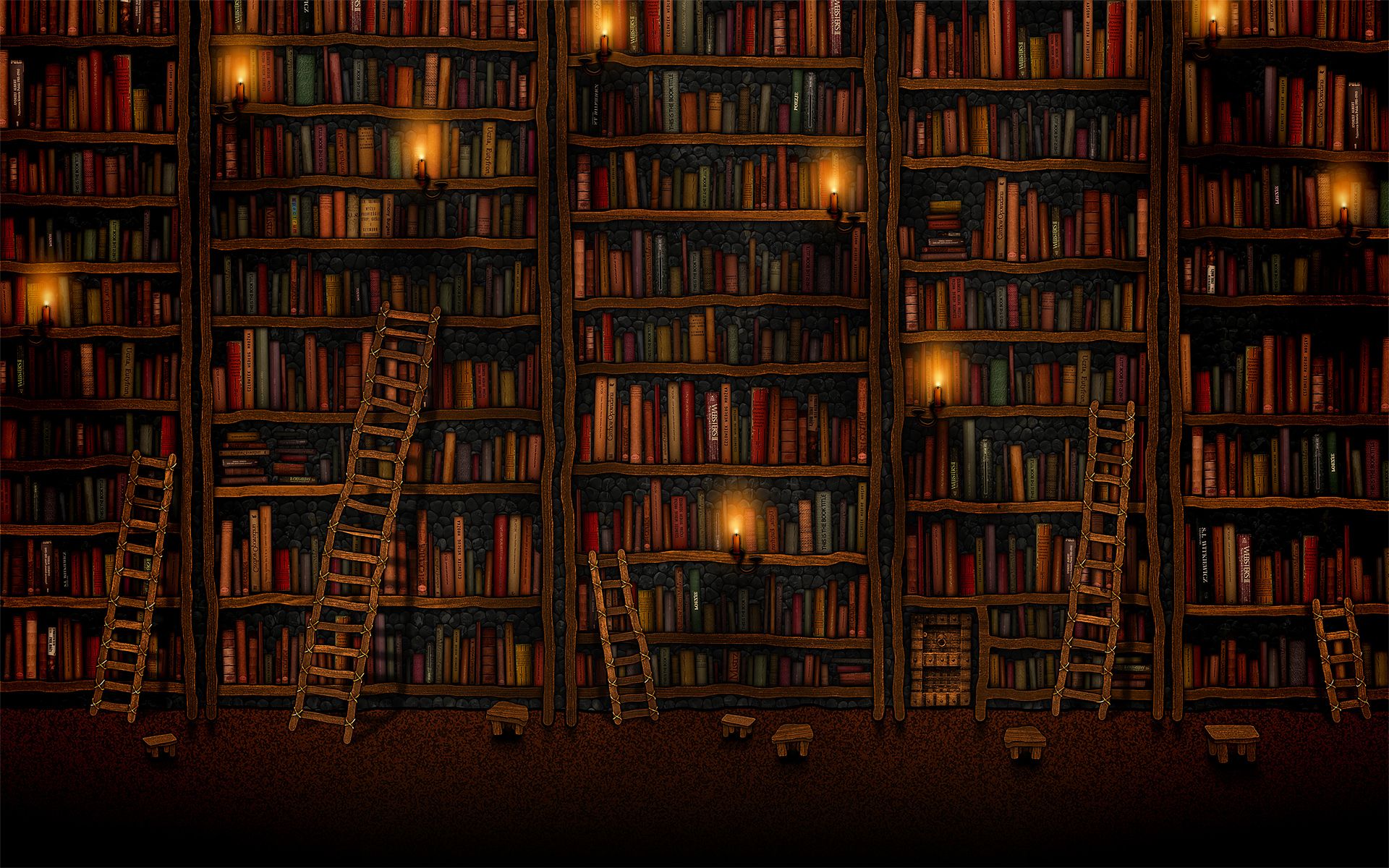 Bibliothek, Bücherregale, Leitern, Kerzenlicht, Dunkle Töne, Full HD, MacBook-Hintergrundbild