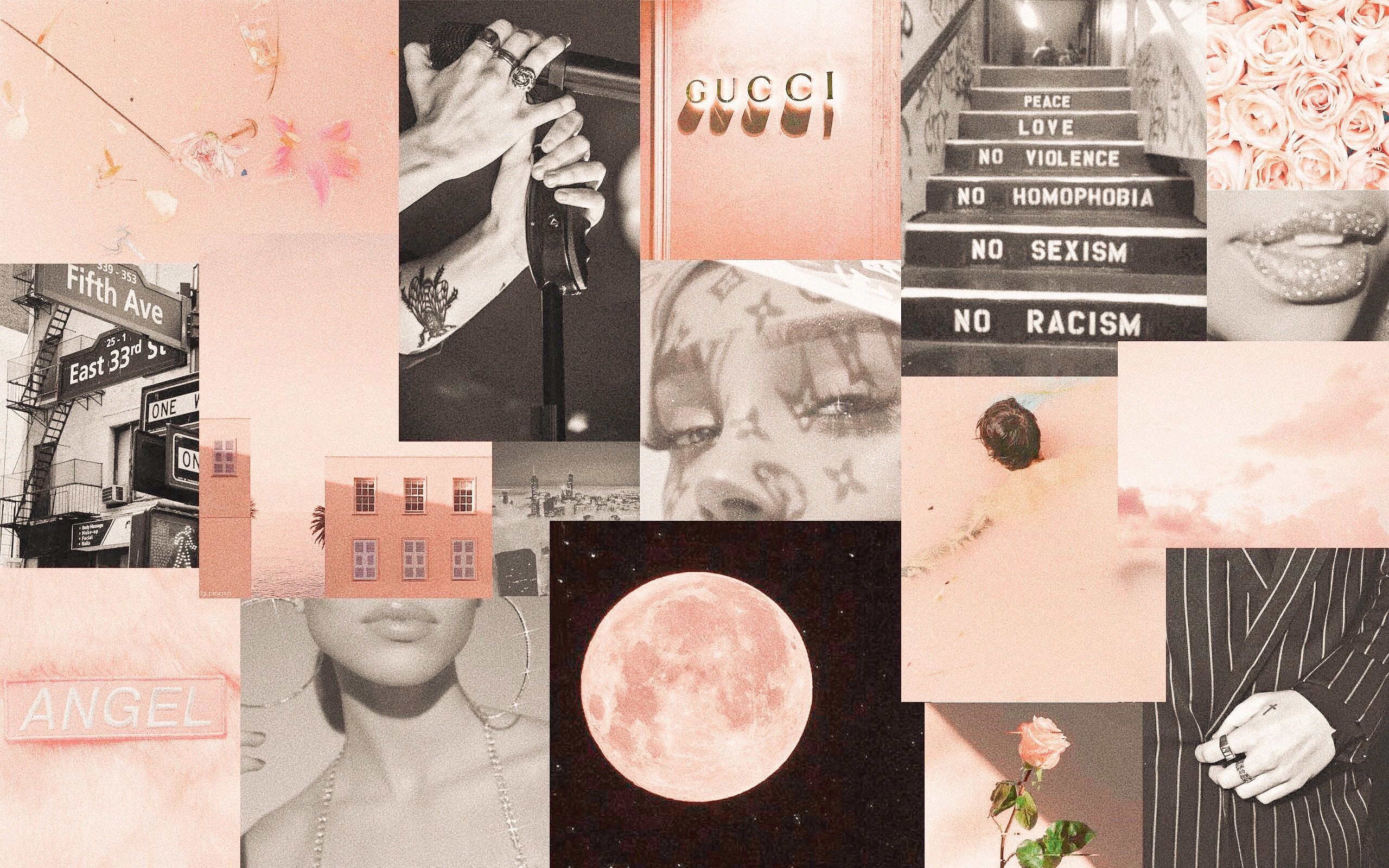 Fotocollage, Gucci, Mond, Ästhetik, Rosa, Schwarz-Weiß, 2K, Desktop-Hintergrund für Windows