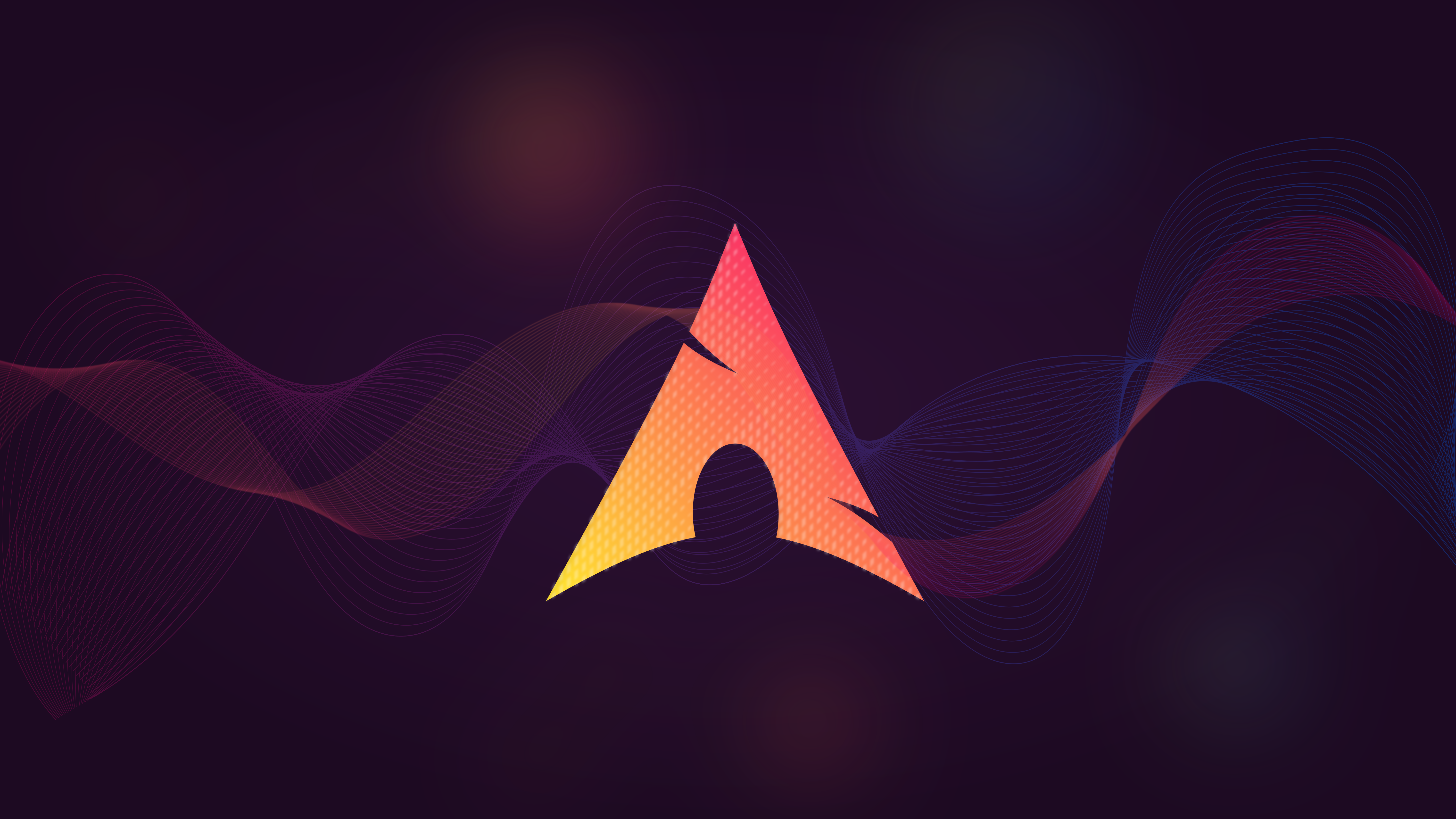 Arch Linux, Logo, Wellenlinien, Farbverlauf, Lila, Orange, 6K, Breitbild-Hintergrundbild