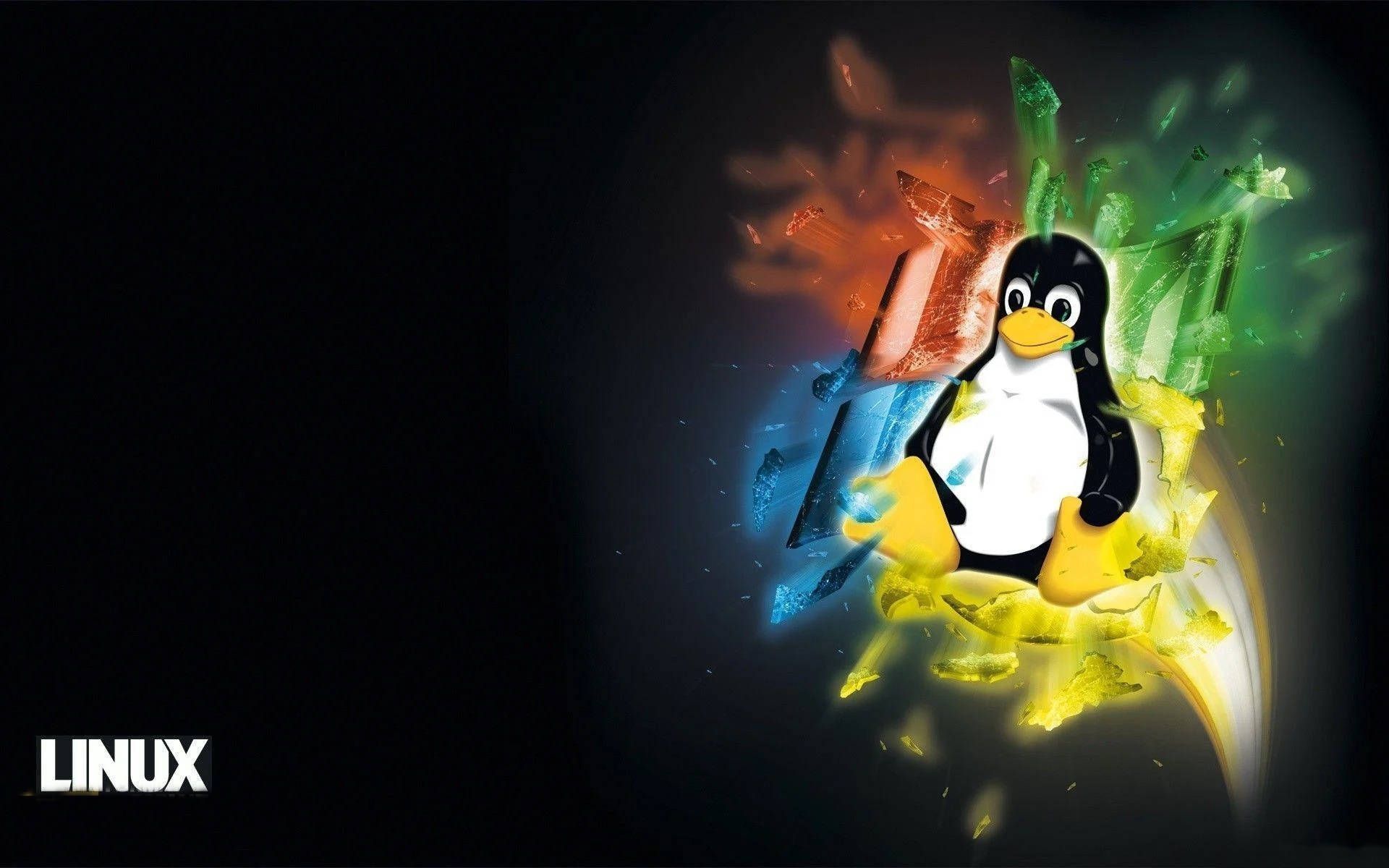 Tux, Linux, Pinguin, Windows-Logo, Farbspritzer, Schwarzer Hintergrund, Full HD Wallpaper