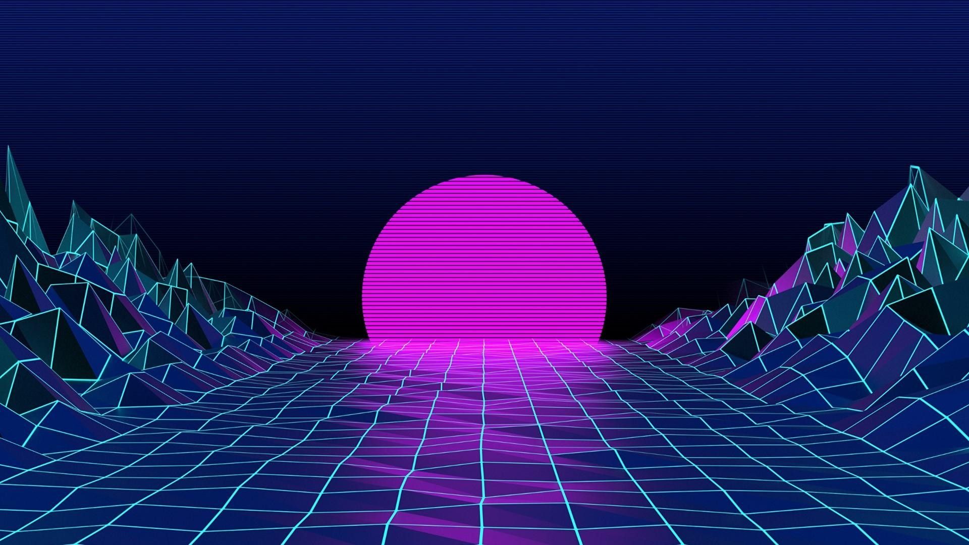 Synthwave, Retrowave, Sonne, Raster, Neon, Pink, Full HD 1080p, Desktop-Hintergrundbild