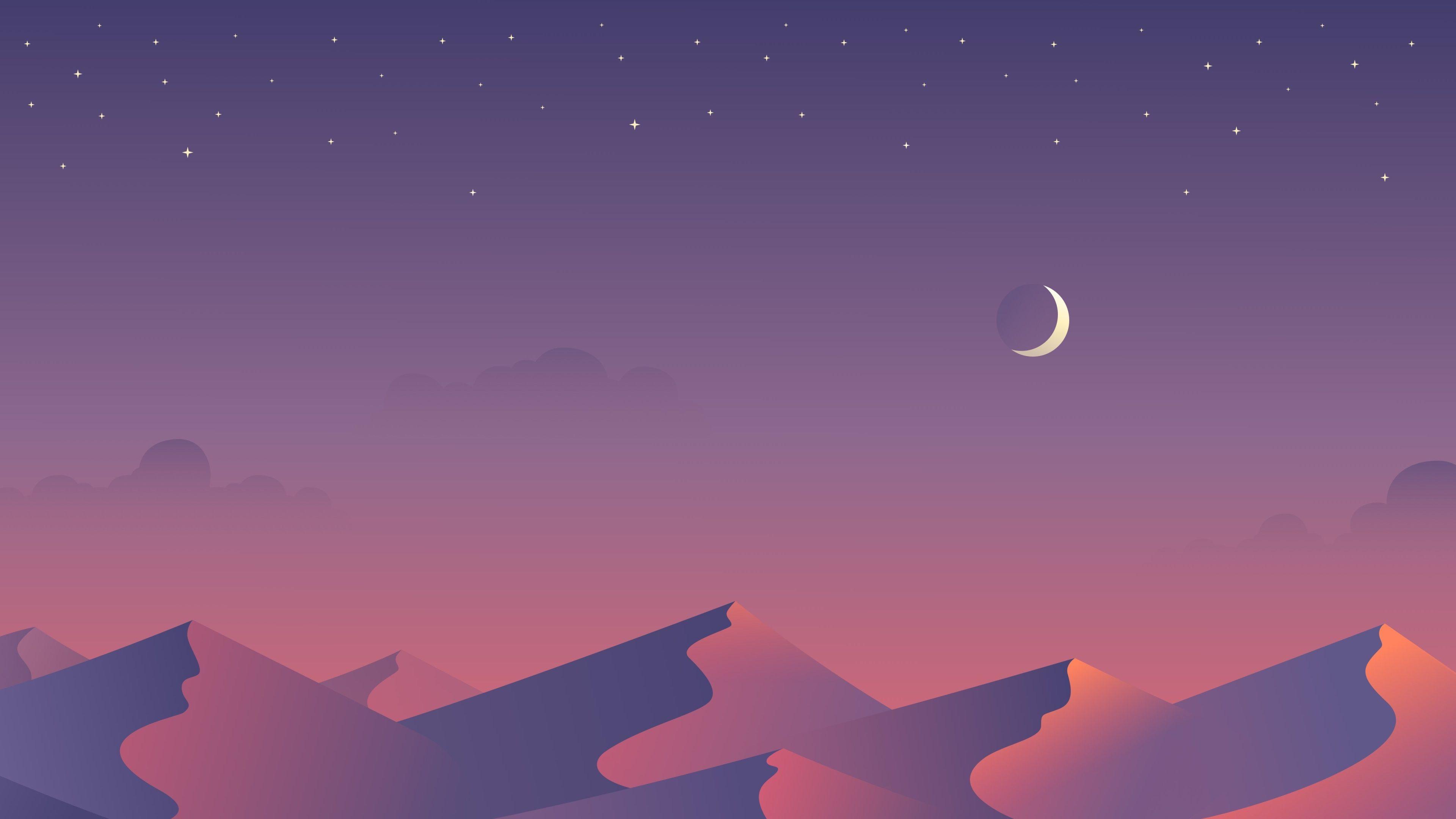 Sanddünen, Mondsichel, Abendhimmel, Lila, Illustration, 4K 2160p, Desktop-Hintergrundbild