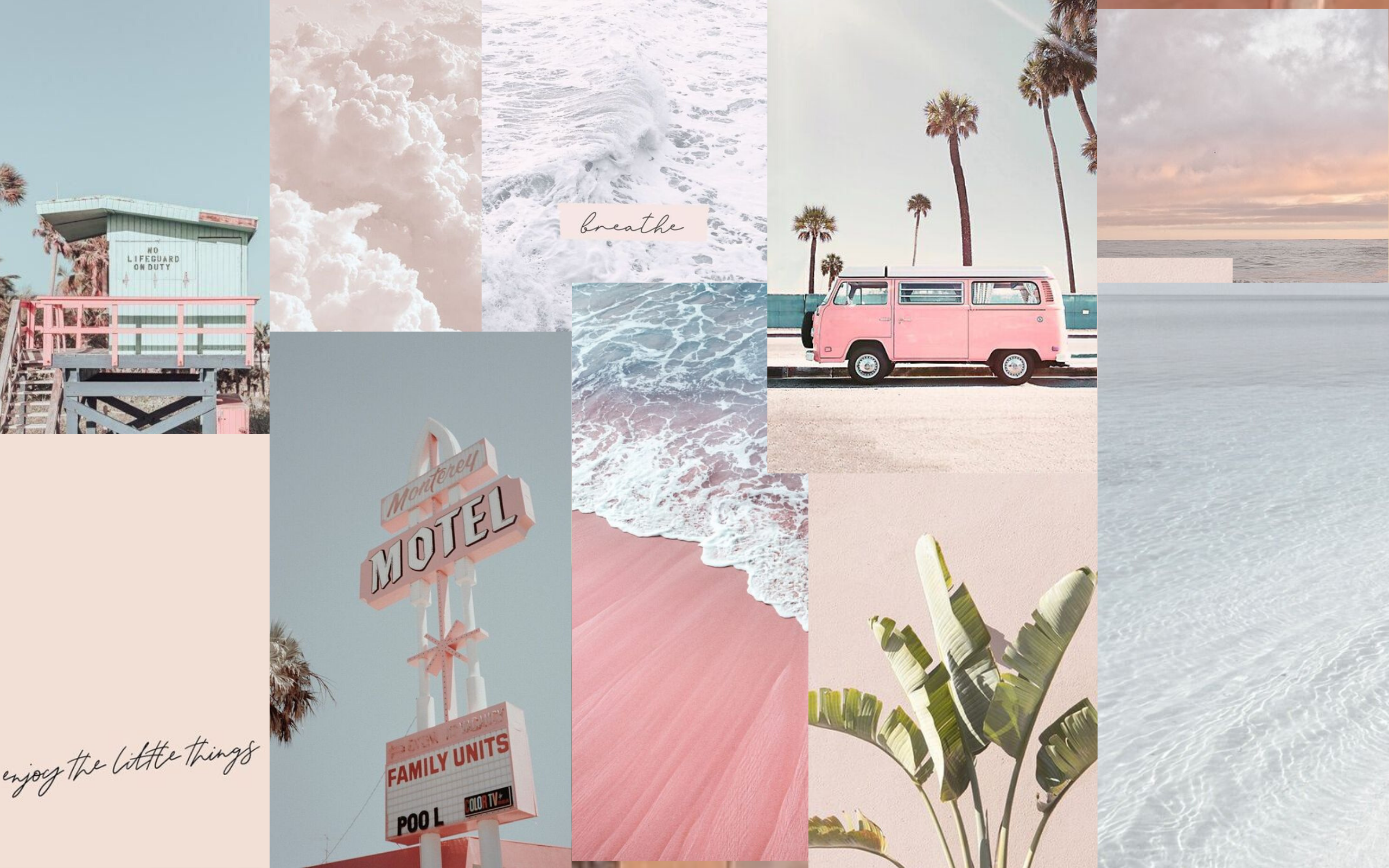 Fotocollage, Strand, Palmen, Motel, Pastell, Sommer, 16:10, 2K-Hintergrundbild für den Desktop