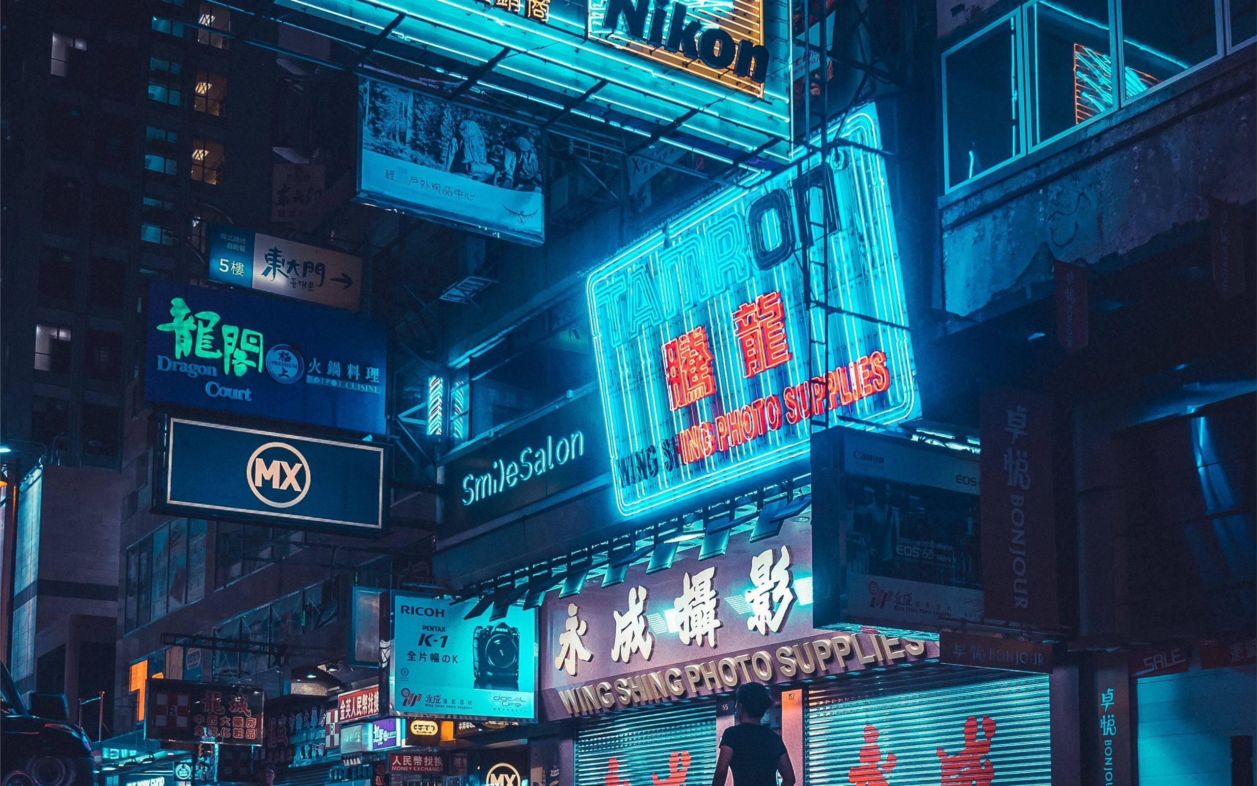Neonreklame, Chinesische Schriftzeichen, Nacht, Straße, Cyberpunk, Türkis, 2K, Breitbild-Hintergrundbild
