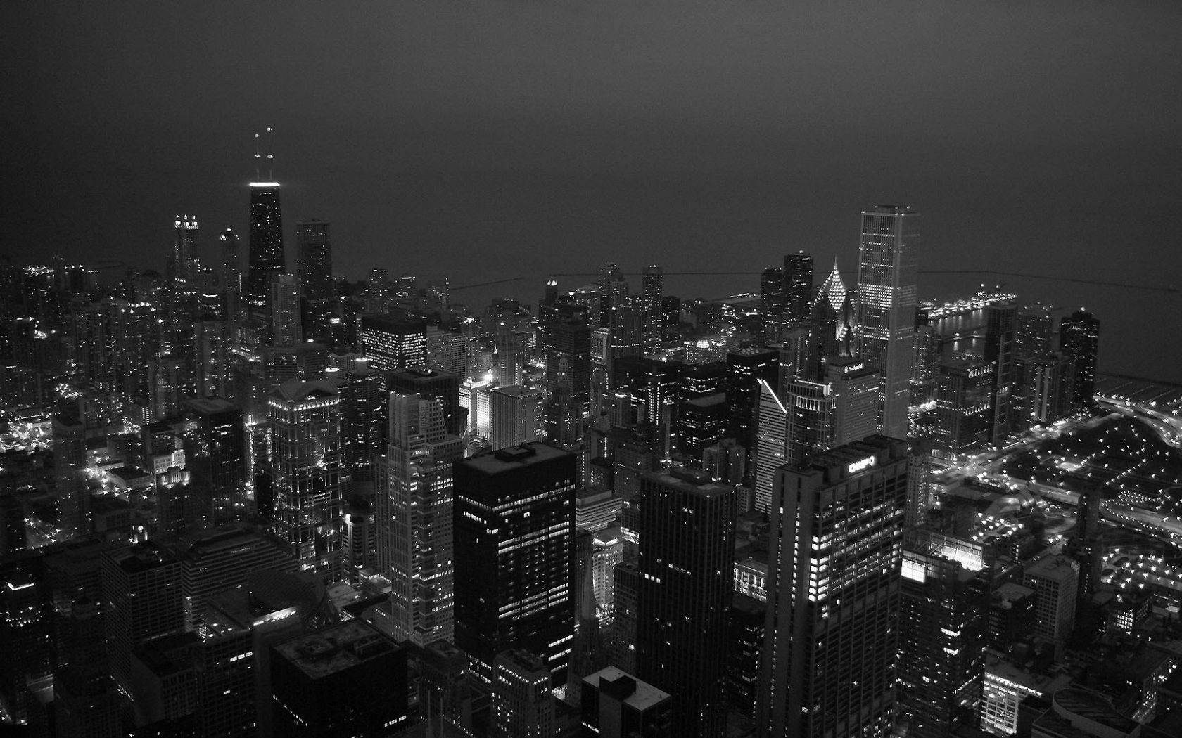 Stadt bei Nacht, Wolkenkratzer, Luftaufnahme, Schwarz-Weiß, Lichter, HD, Breitbild-Hintergrundbild