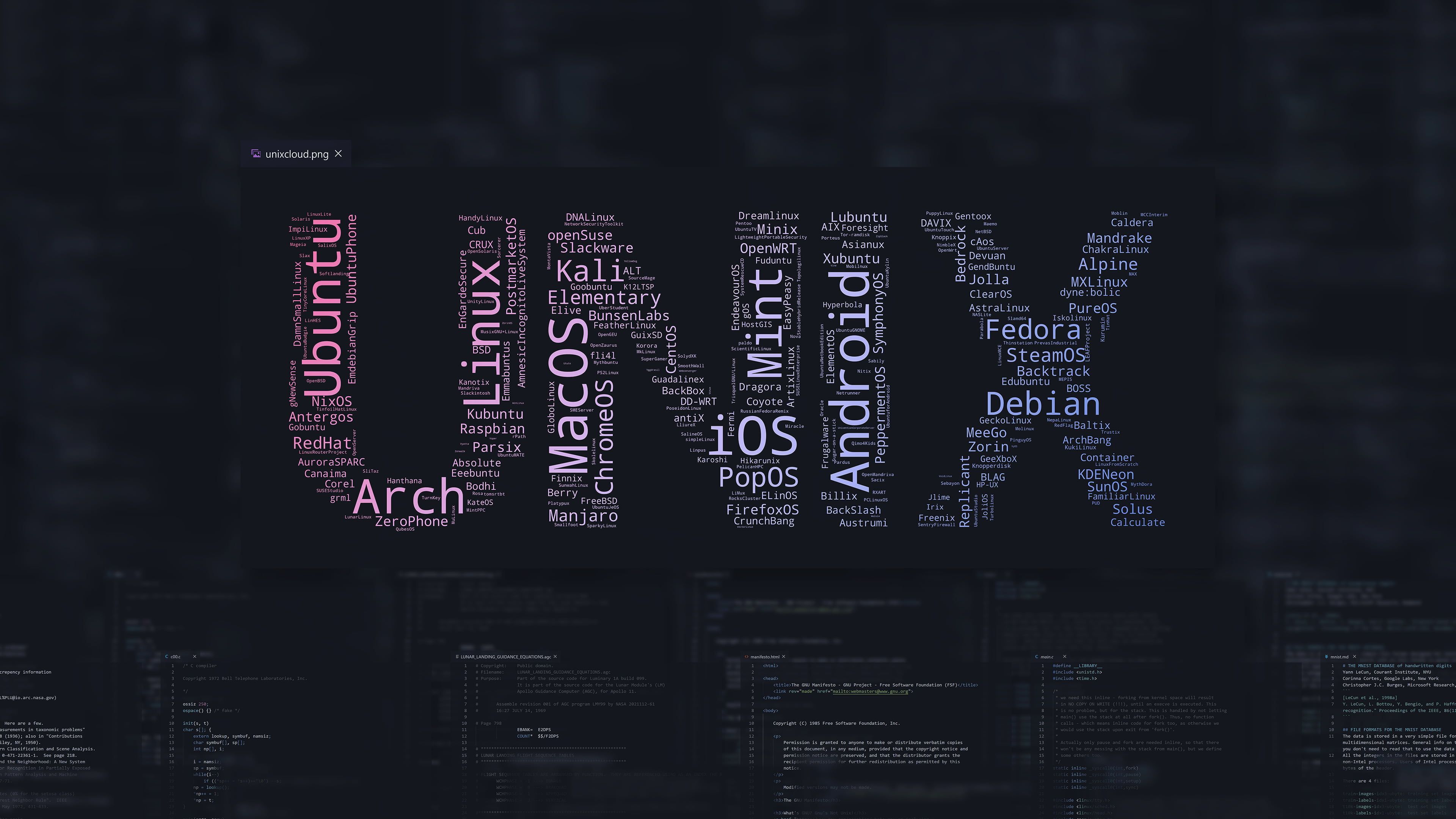 Unix, Wortwolke, Ubuntu, Debian, Linux-Distributionen, Typografie, Dunkel, 4K-Hintergrundbild für PC