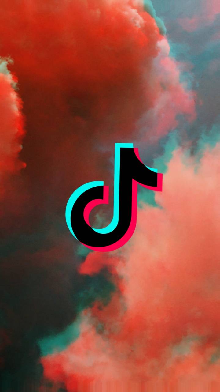 TikTok-Logo, Rote Wolken, Rauch, Glitch-Effekt, HD, Hintergrundbild fürs Handy