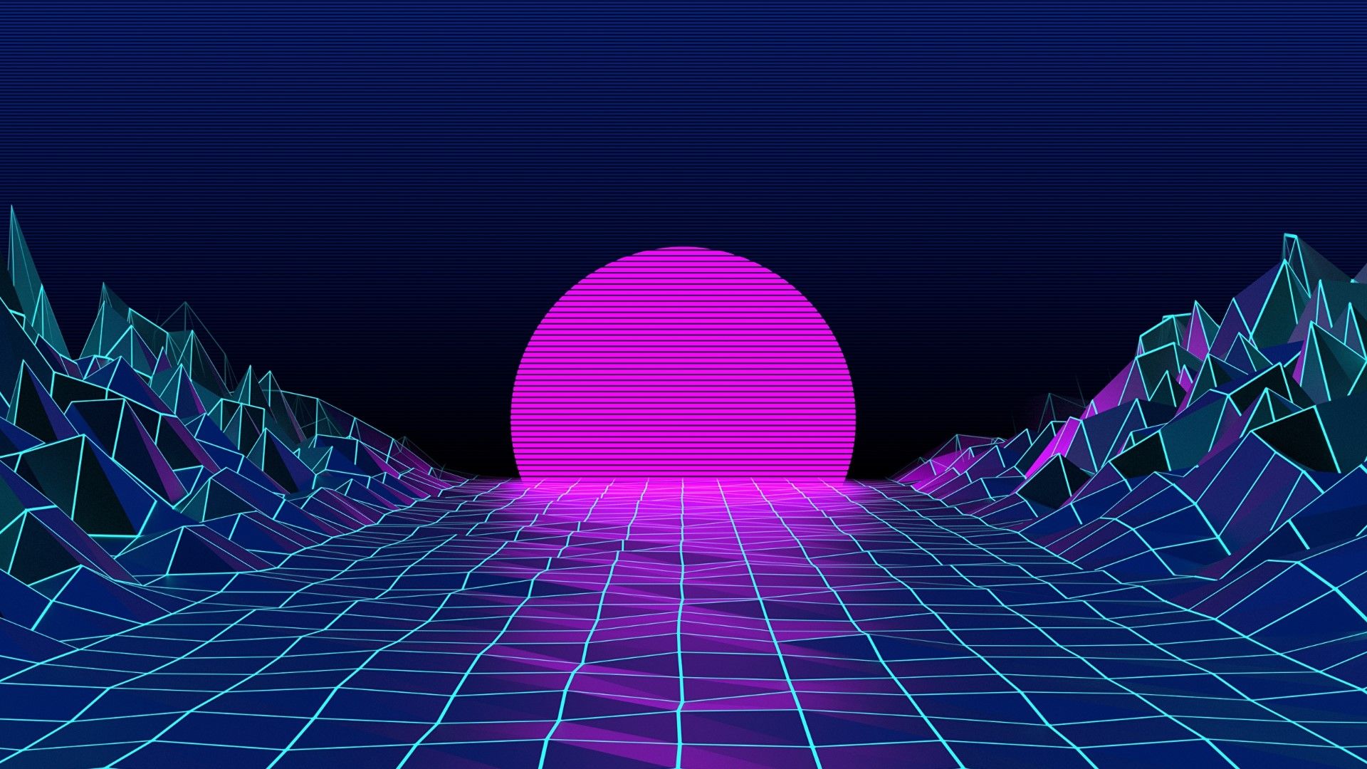 Synthwave, Retro-Sonne, Gitter, Neon, Berge, Retrowave, 1920x1080, Full-HD-Hintergrundbild für PC