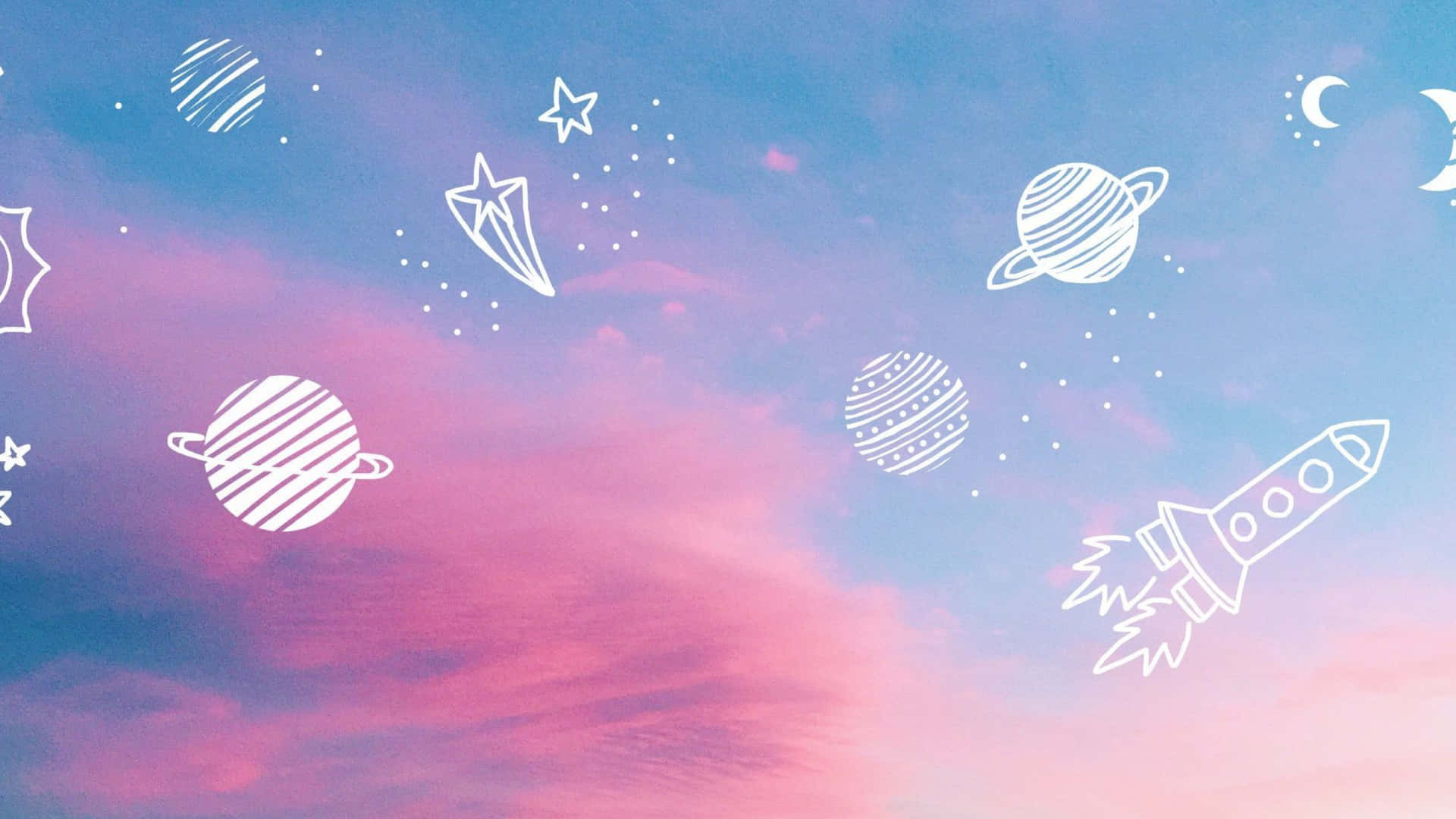 Planeten, Rakete, Doodles, Rosa Wolken, Himmel, Full HD 1080p, Desktop-Hintergrundbild