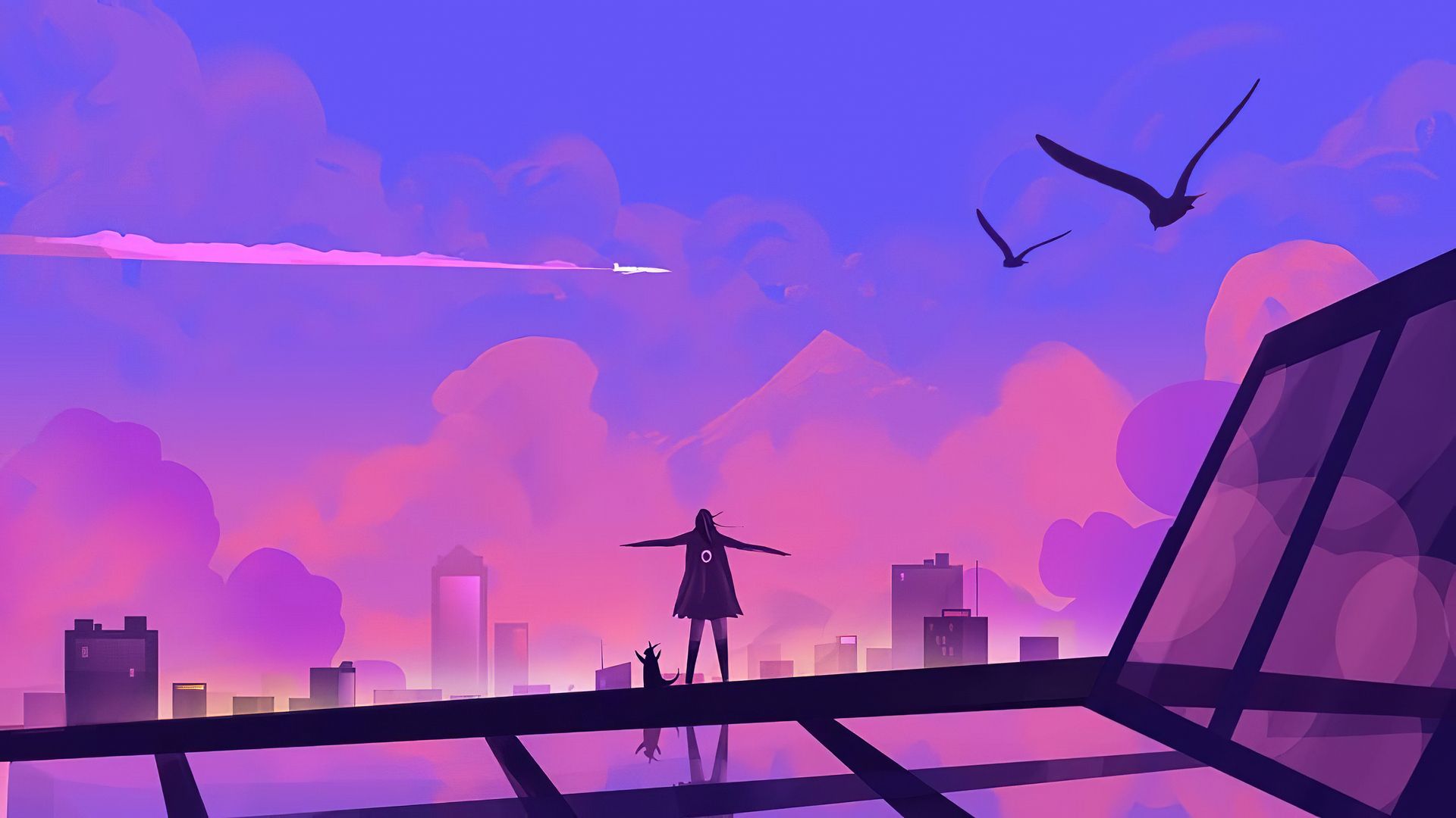 Stadt, Silhouette, Mädchen, Vögel, Wolken, Lila Himmel, Illustration, Full HD, Windows-Hintergrundbild