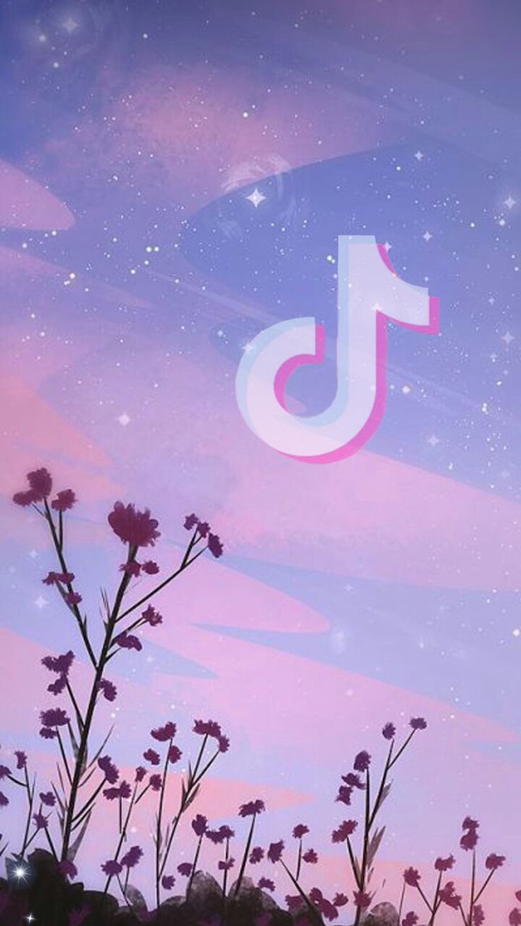 TikTok-Logo, Lila Himmel, Blumen-Silhouette, Dämmerung, Wolken, Hintergrundbild fürs Handy