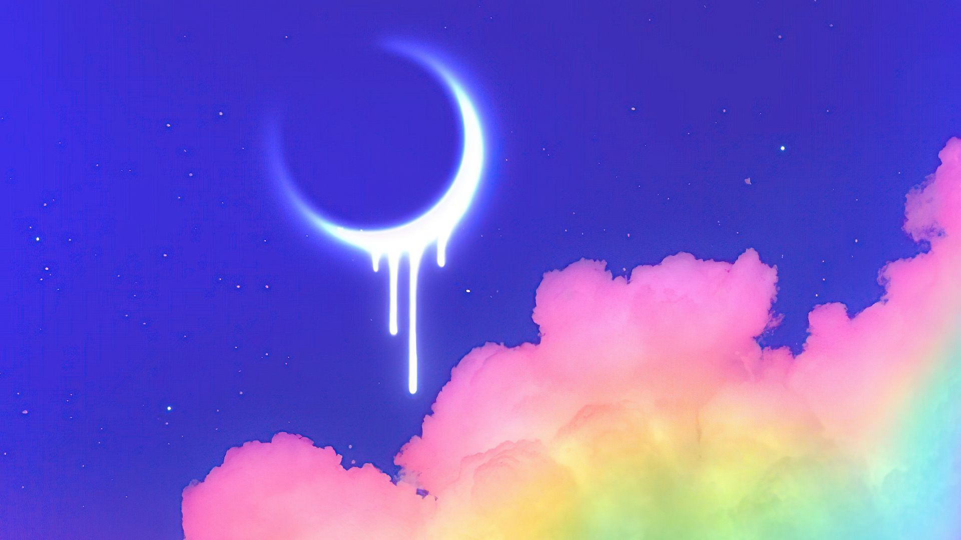 Mondsichel, Wolken, Regenbogenfarben, Blauer Himmel, Pastell, Fantasy, Full HD, Laptop-Hintergrundbild