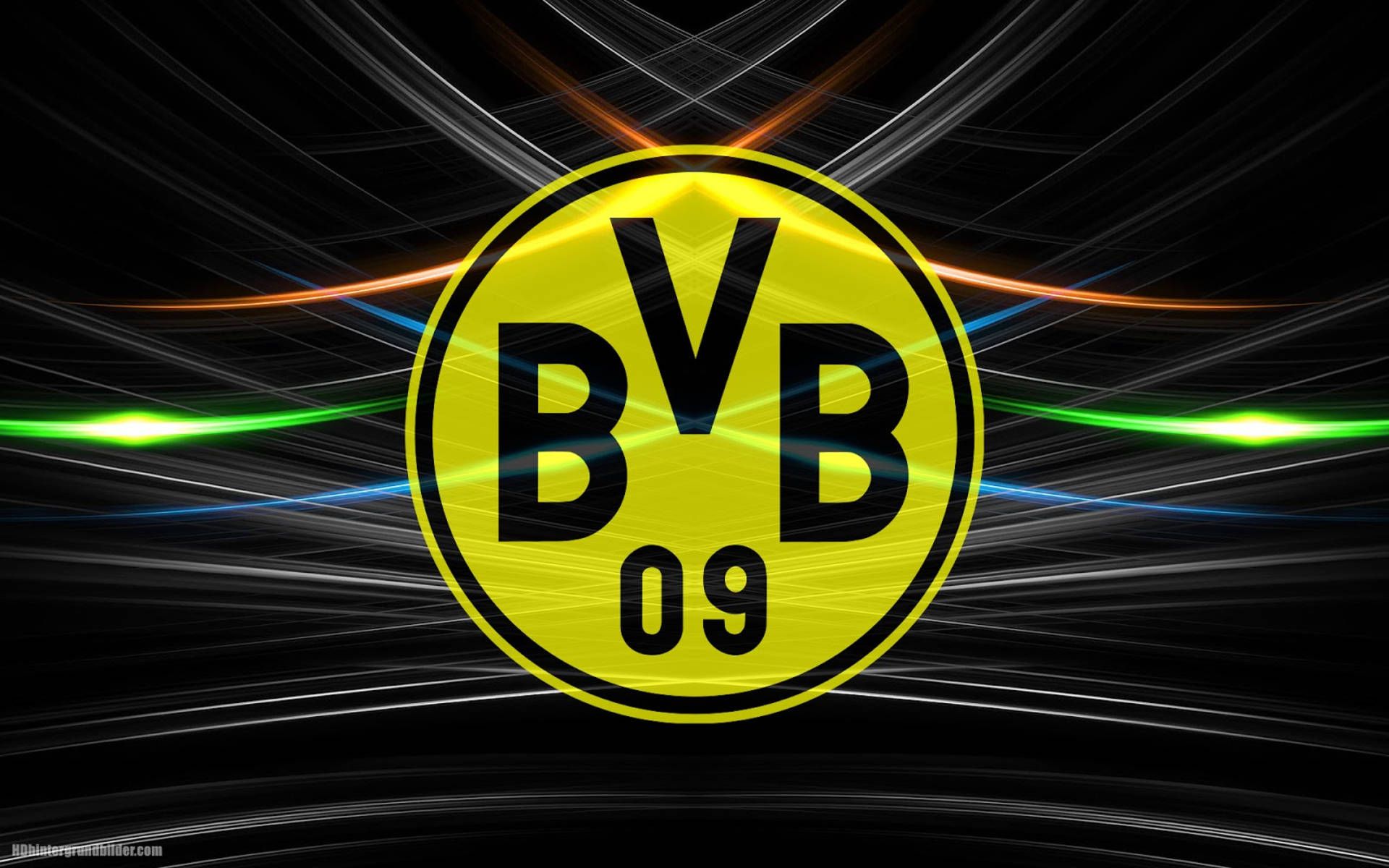 BVB-Logo, Borussia Dortmund, Lichtstreifen, Schwarzer Hintergrund, Full HD Wallpaper