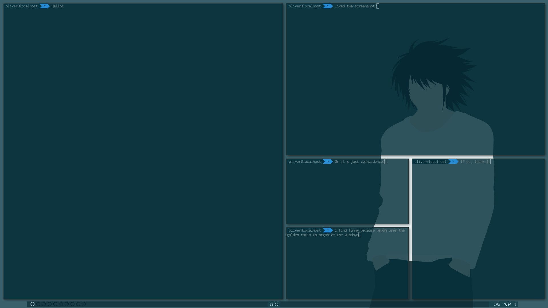 L (Death Note), Death Note, Desktop-Layout, Fenstermanager, Petrolblau, Silhouette, 1080p-Hintergrundbild