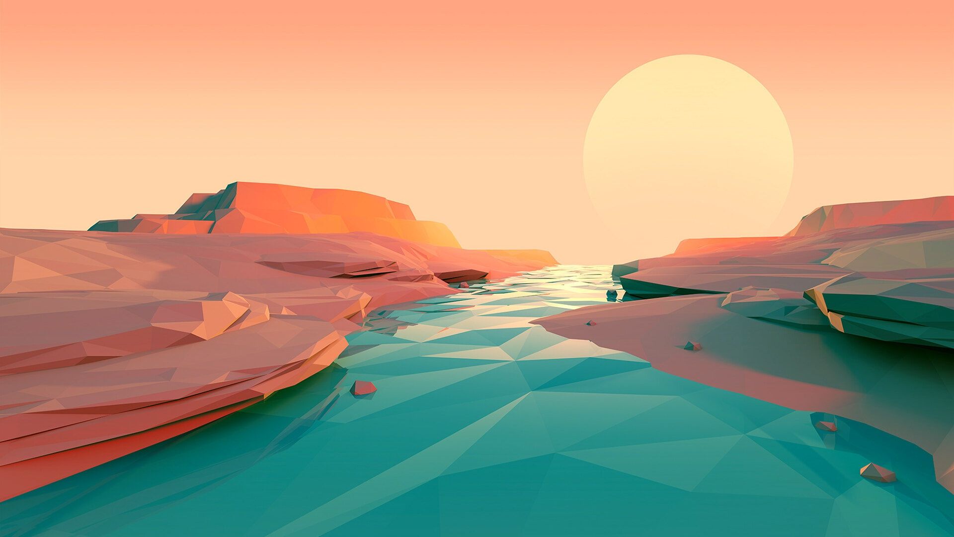 Canyon, Fluss, Low Poly, Sonne, Landschaft, Sonnenuntergang, Full HD, Breitbild-Hintergrundbild