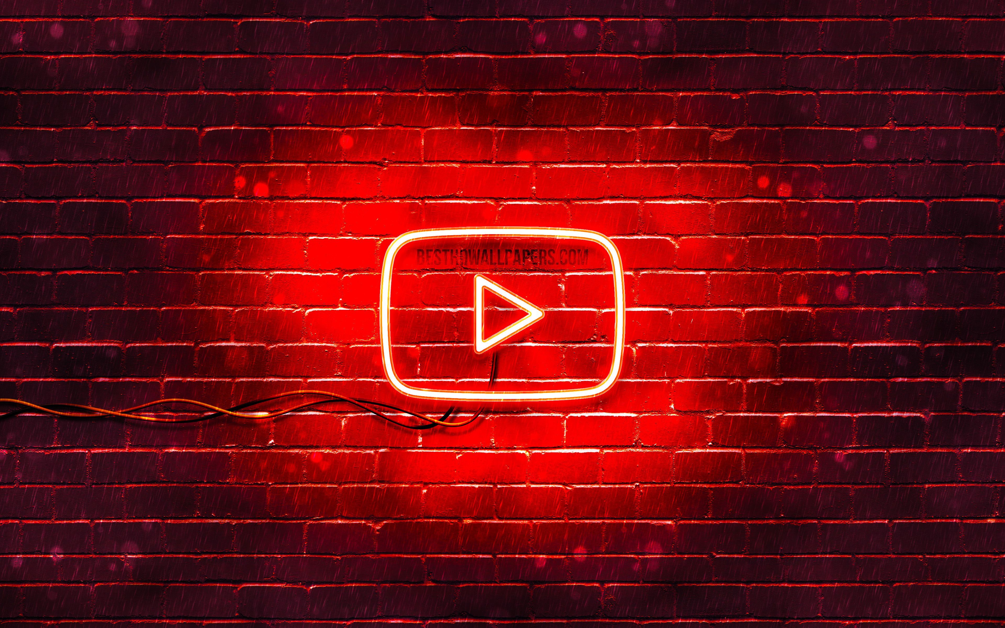 YouTube-Logo, Neon, Ziegelwand, Rot, Play-Button, 4K, Hintergrundbild für den PC