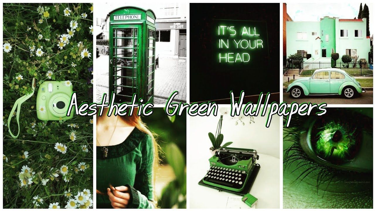 Aesthetic Green Wallpapers, Collage, Grüne Ästhetik, Telefonzelle, Schreibmaschine, HD-PC-Hintergrundbild
