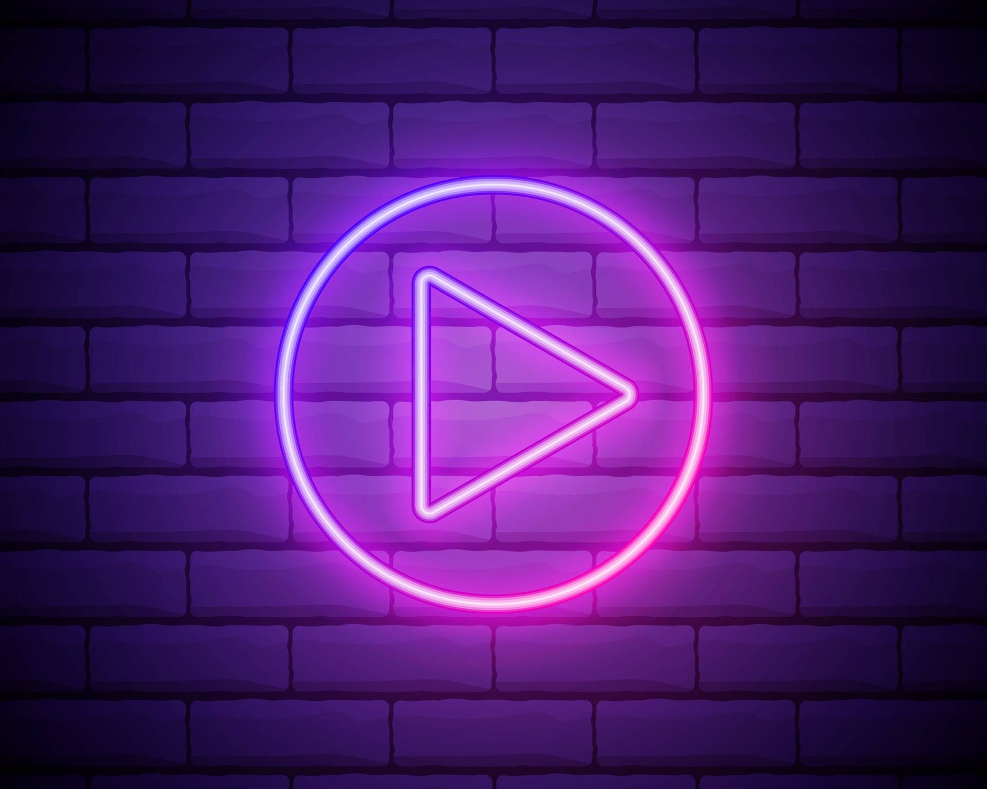 Play-Button, Neon, Ziegelwand, Lila, Full HD, Desktop-Hintergrund für Windows