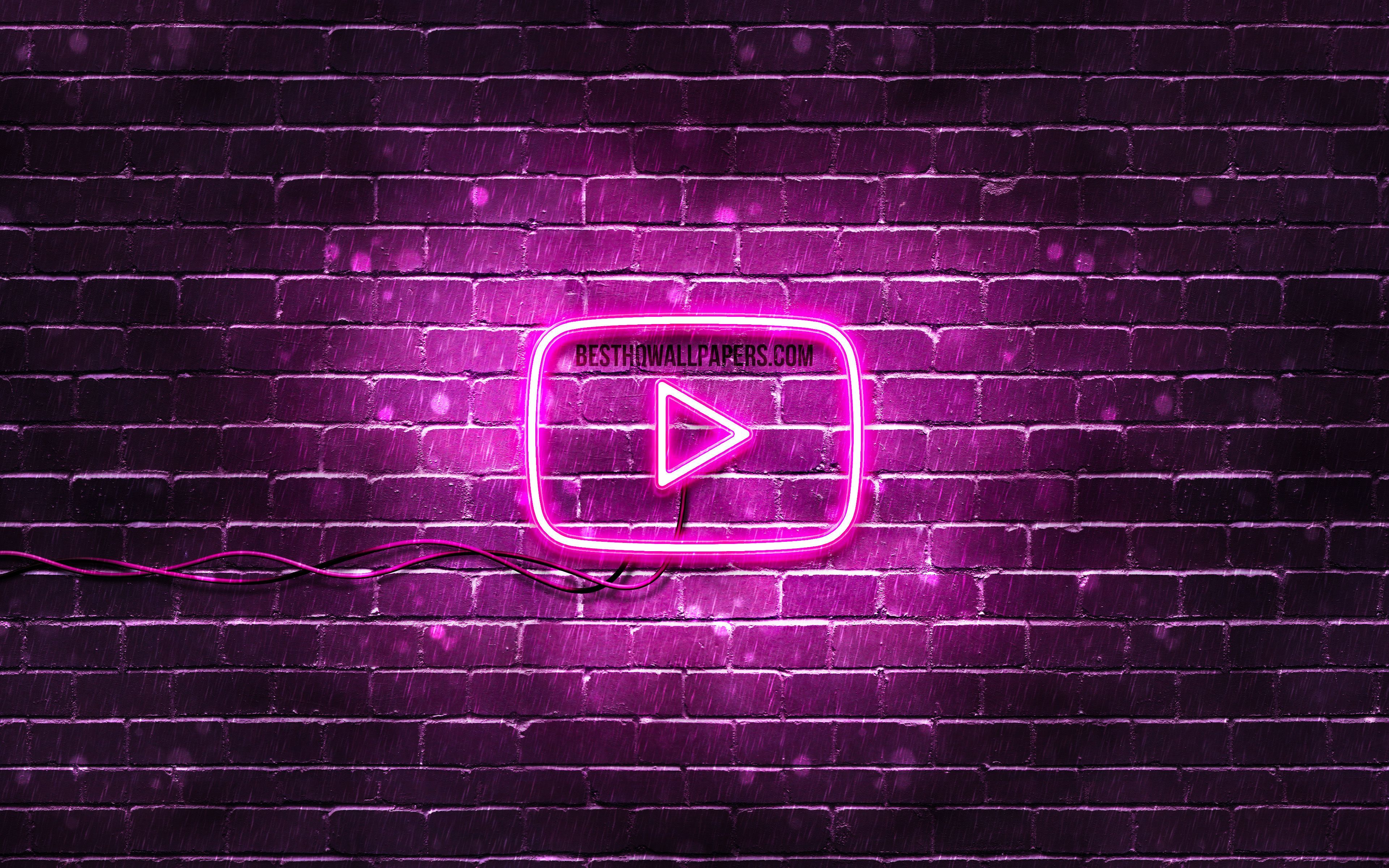 YouTube-Logo, Neon, Ziegelwand, Pink, Play-Button, 16:10, 4K-Hintergrundbild für den Desktop