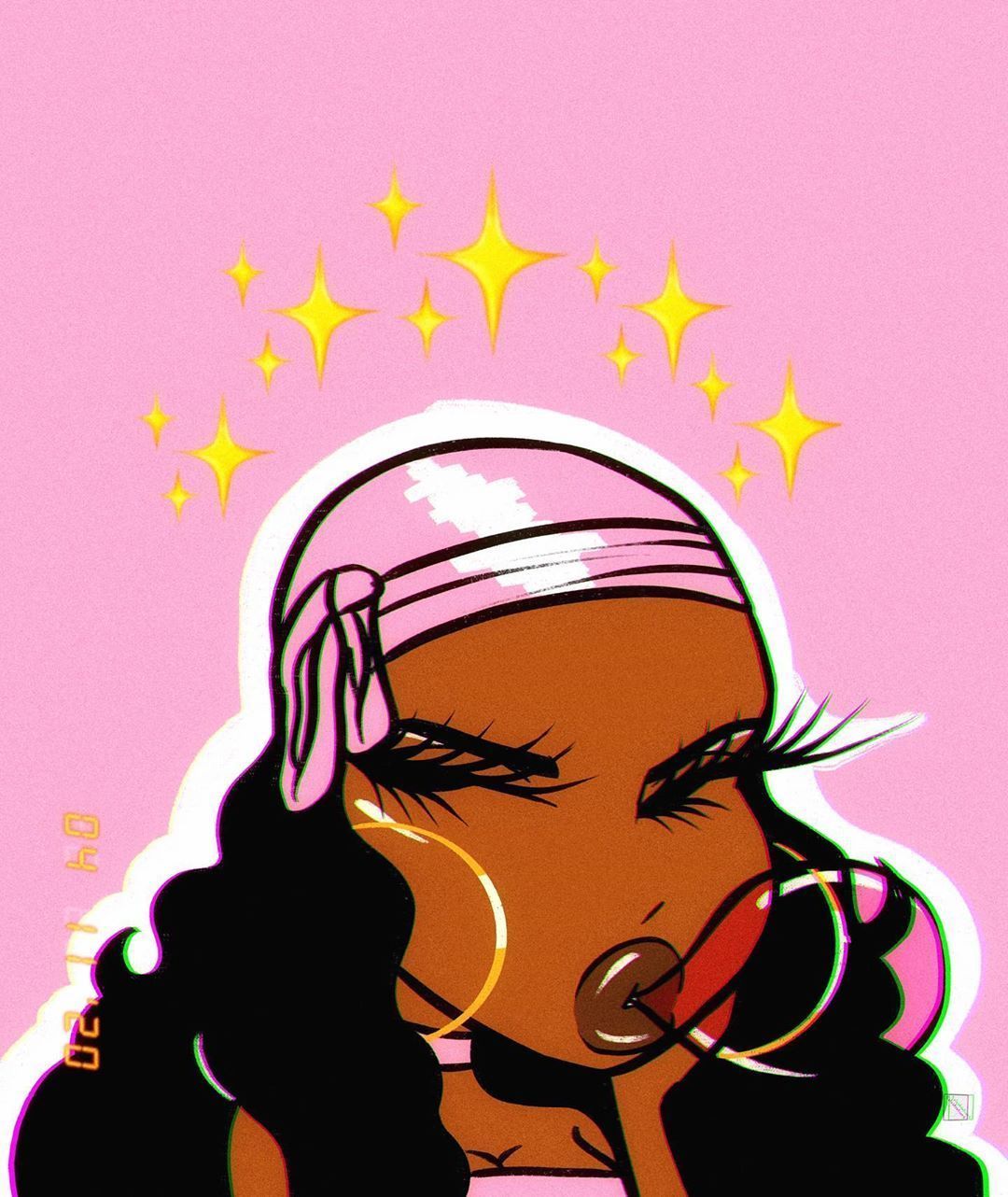Illustration, Frau, Bandana, Sterne, Rosa Hintergrund, Full HD Wallpaper