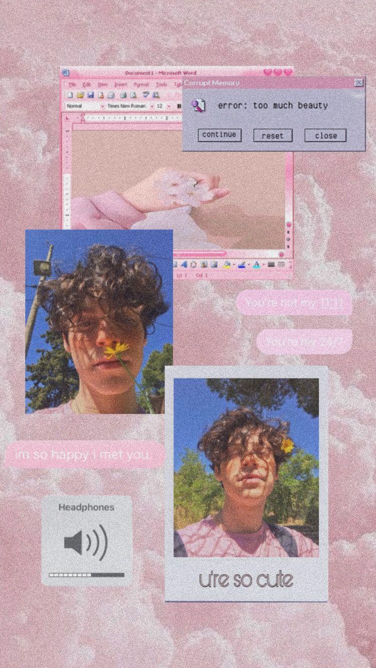Collage, Junger Mann, Lockiges Haar, Fenster-Interface, Rosa, HD, Handy-Hintergrund