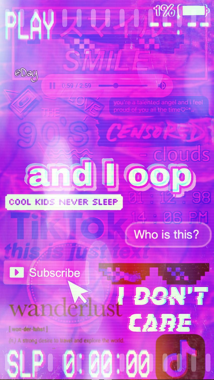 And I Oop, Collage, Lila, Glitch, I Don't Care, Hochformat, Hintergrundbild fürs Smartphone